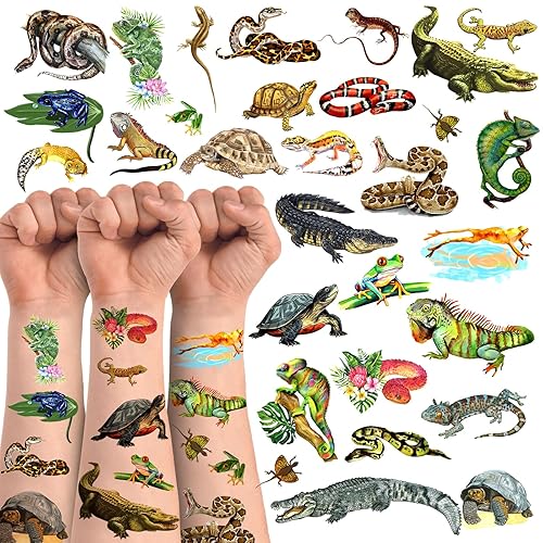 Tatuajes temporales de reptiles, 16 hojas, 100 piezas de calcomanías con temática de reptiles, suministros de decoración de fiesta, recuerdos de