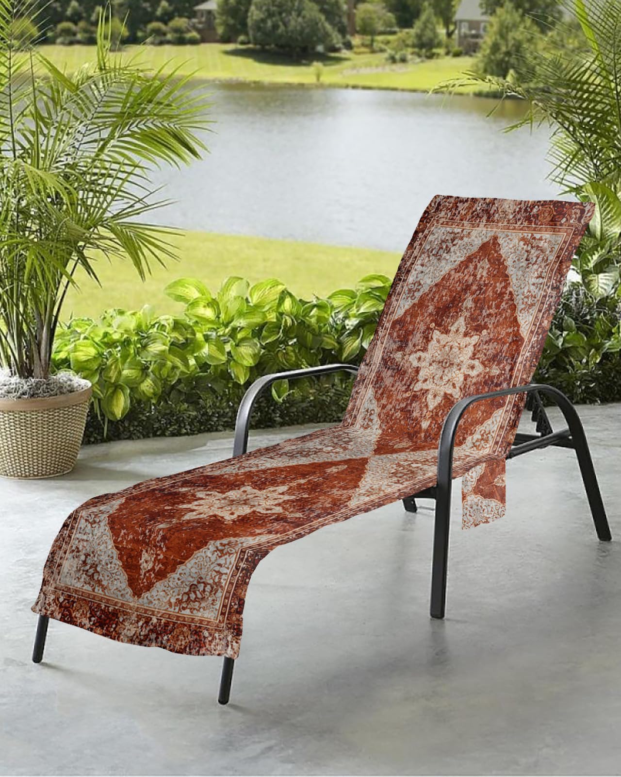 Geometric Beach Chair Towel Covers for Chaise Lounge with Side Pocket, Soft Plush Pool Towels Cover for Patio Sunbathing Outdoor 29''x85'' Retro Classic Historical Oriental Painting