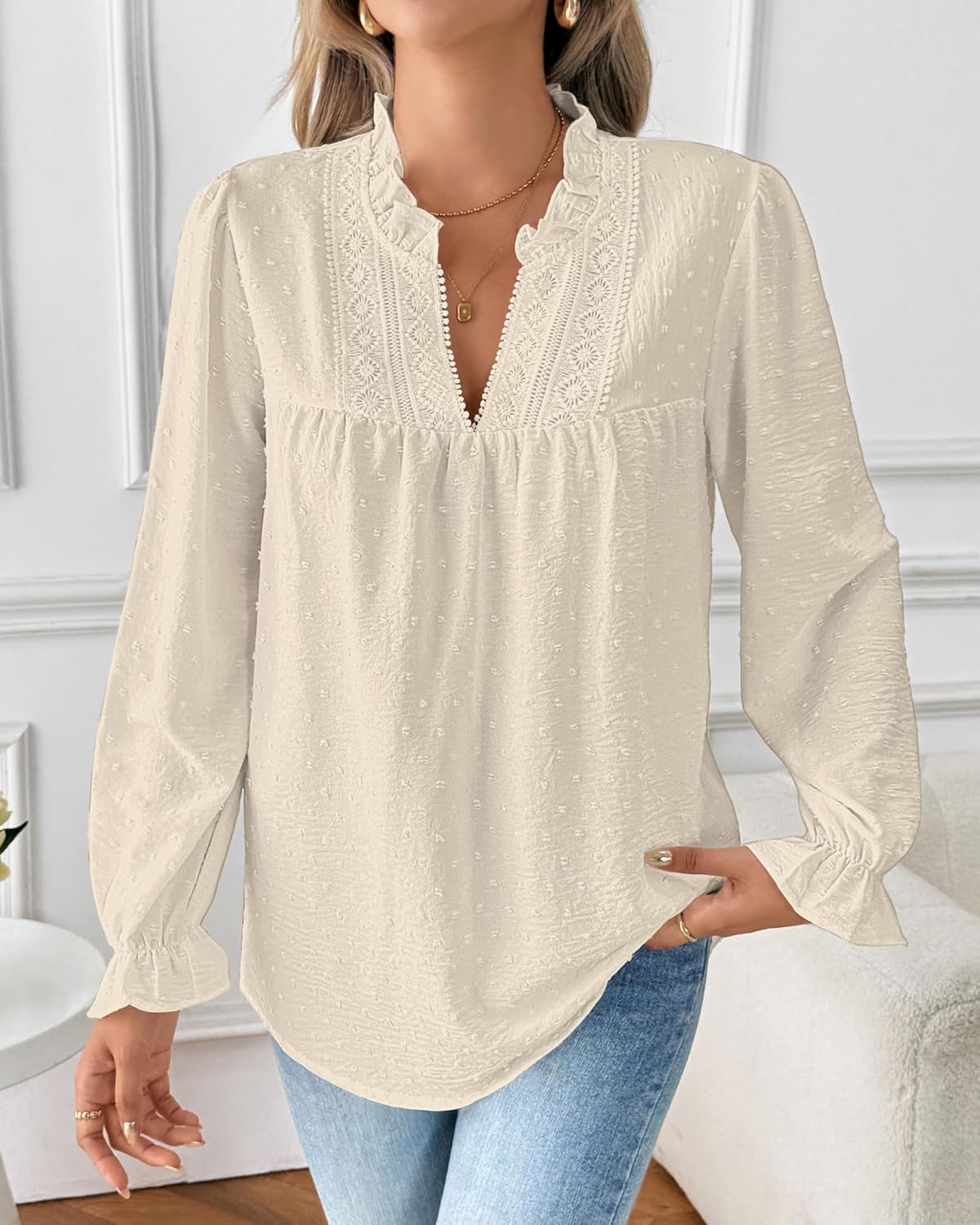 Bsubseach Womens Tops Ruffle Long Sleeve Swiss Dot Blouses for Women Dressy Casual Fashion Shirts - Image 2