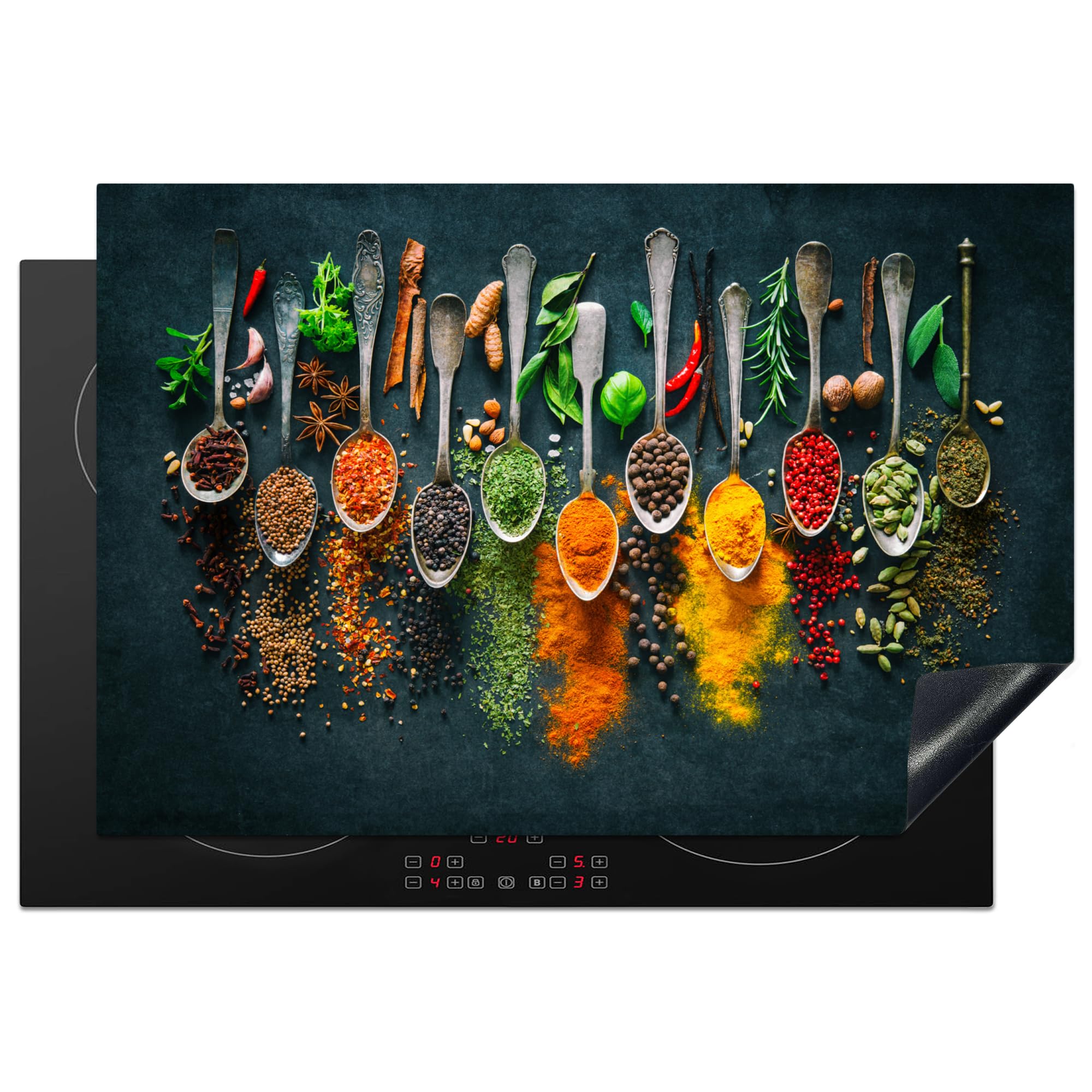 KitchenYeah© Induction Hob Protector Mat 20.1"x30.3" / 77x51 cm Cooker Top Protectors Cover Ceramic Covers Electric Hobs Vinyl Herbs - Spices - Spoons — image 1