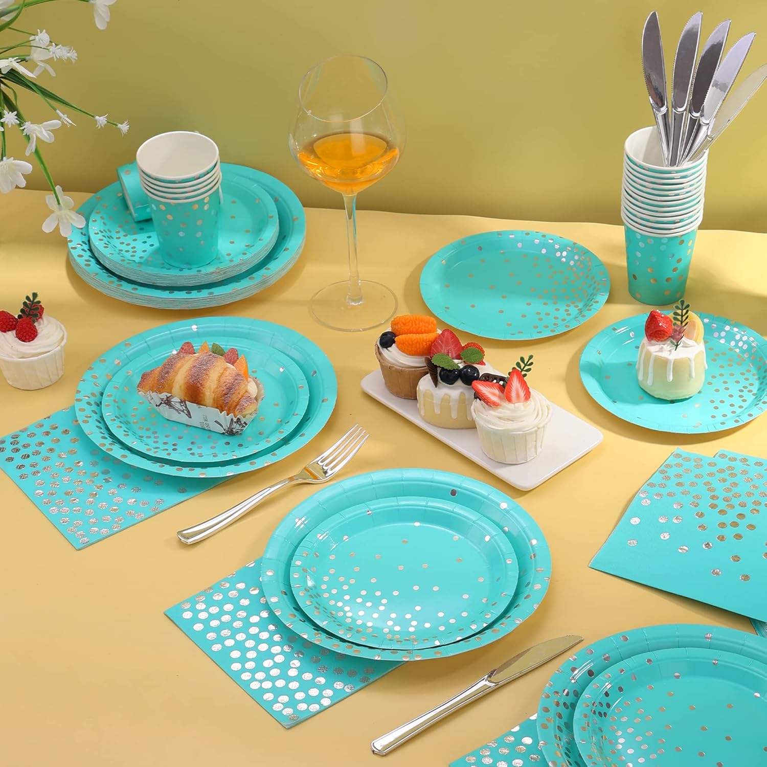 175PCS Teal Party Decorations, Turquoise Paper Plates Serve 25, Teal Plates and Napkins With Silver Plastic Silverware for Birthday, Graduation Party, Wedding, Baby Shower