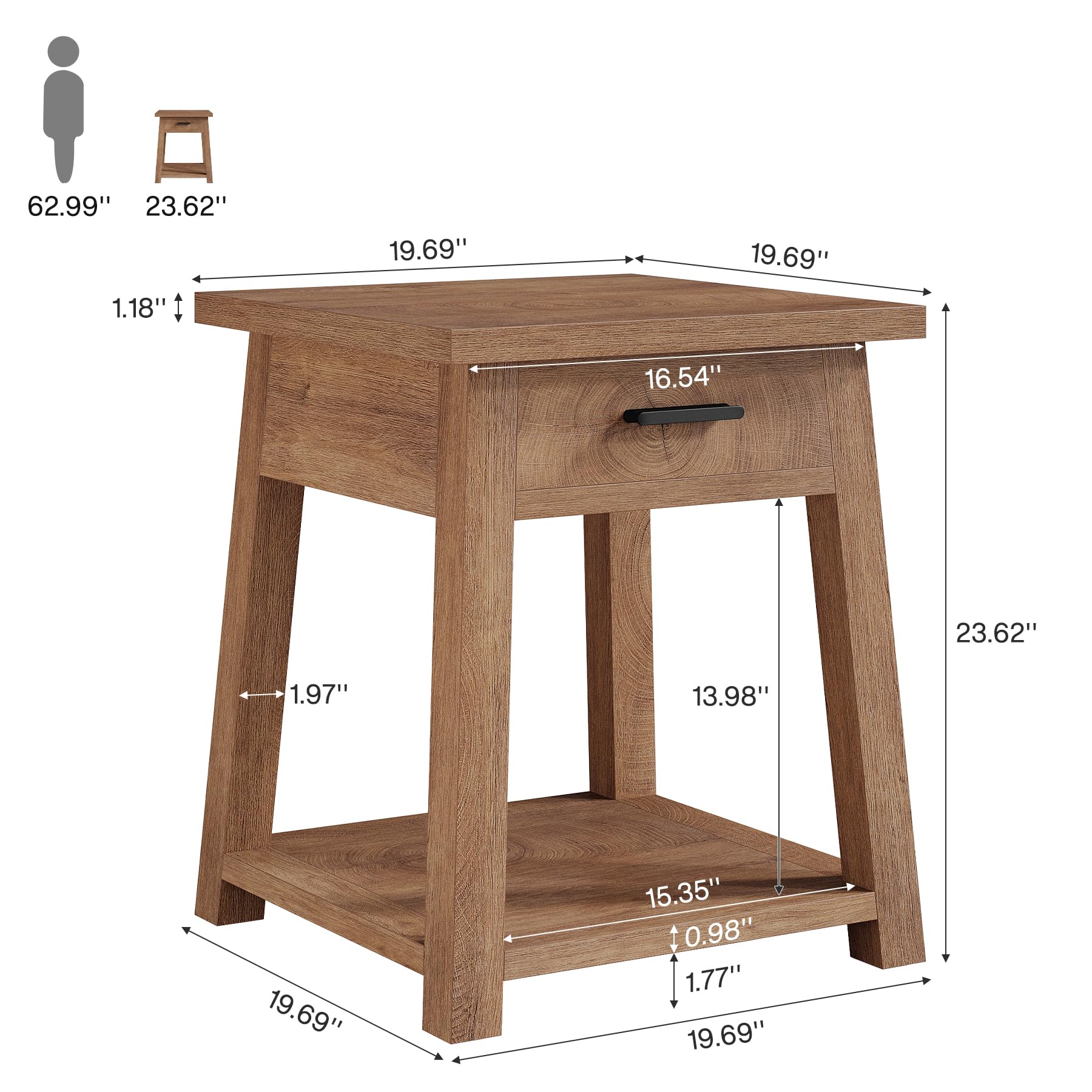 Tribesigns Farmhouse Square Side Table, 2 -Tier Wooden End Table with Drawer, Rustic Nightstands with Shelf Storage for Living Room, Bedroom, Office and Small Spaces