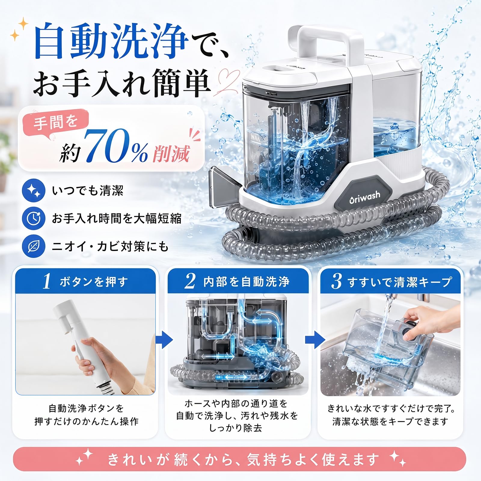 リンサークリーナー 16000Pa超強吸引力 カーペットクリーナー 軽量 Amazon | 【16000Pa強力吸引】OriWash リンサークリーナー 大容量2.3L