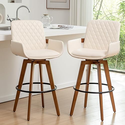 Miniatura 9 de Juego de 1 taburetes giratorios de altura de barra de 30 pulgadas, modernos de mediados de siglo, taburetes de bar tapizados de piel sintética con