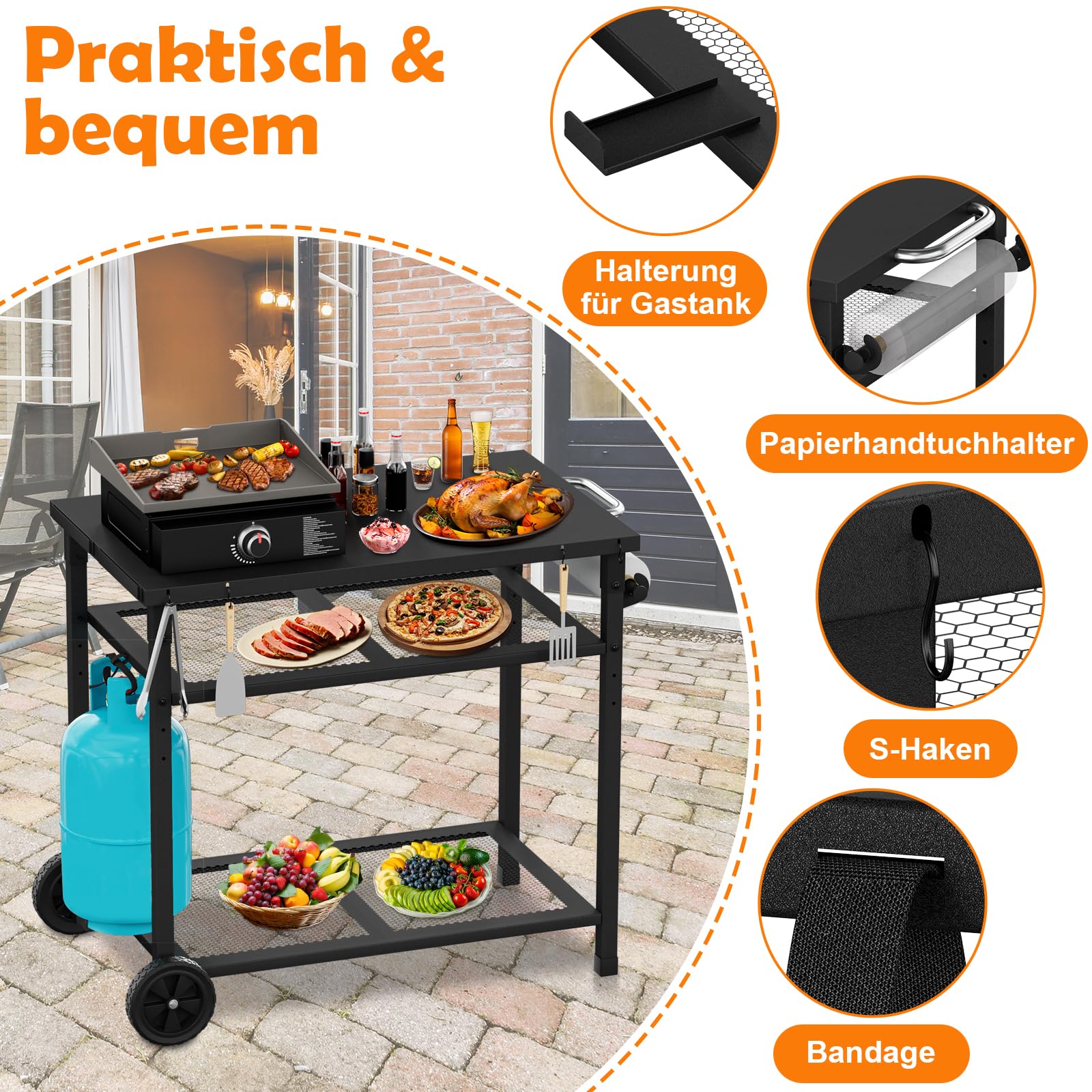 Carro de barbacoa al aire libre - Mesa portátil para horno de pizza con ruedas, mesa de comedor para exteriores con dos estantes de malla para fiestas en casa, camping, exteriores