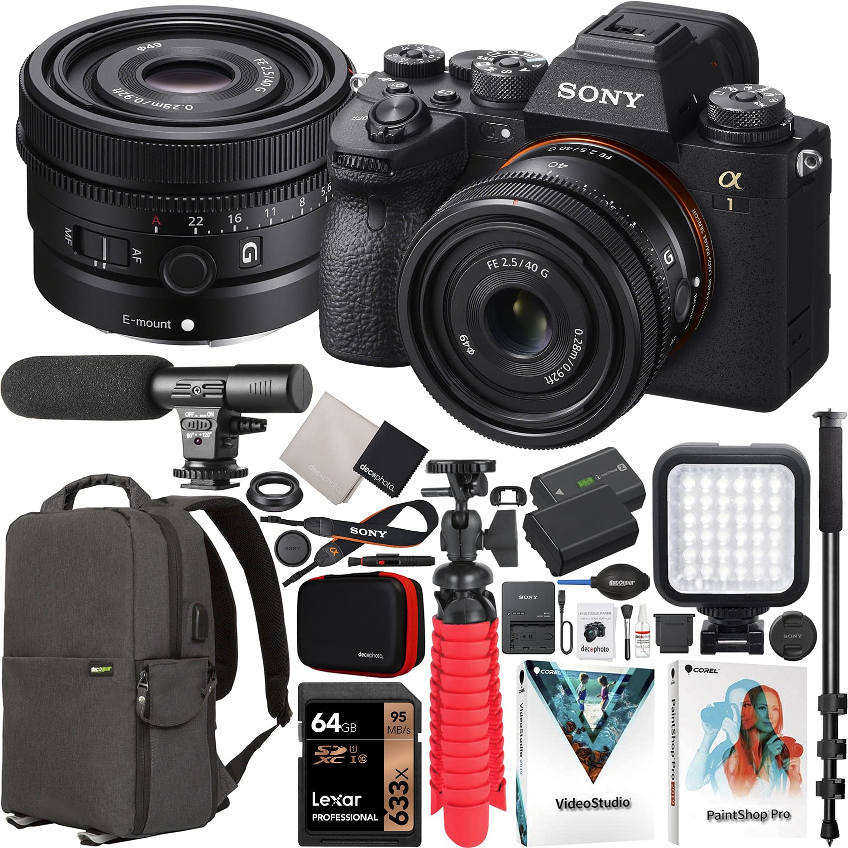 Sony Alpha 1 Full Frame Mirrorless Camera Body + 40mm F2.5 G FE Ultra-Compact G Lens for E-Mount SEL40F25G ILCE-1/B Bundle with Deco Gear Backpack + Microphone + LED + Monopod and Accessories Kit