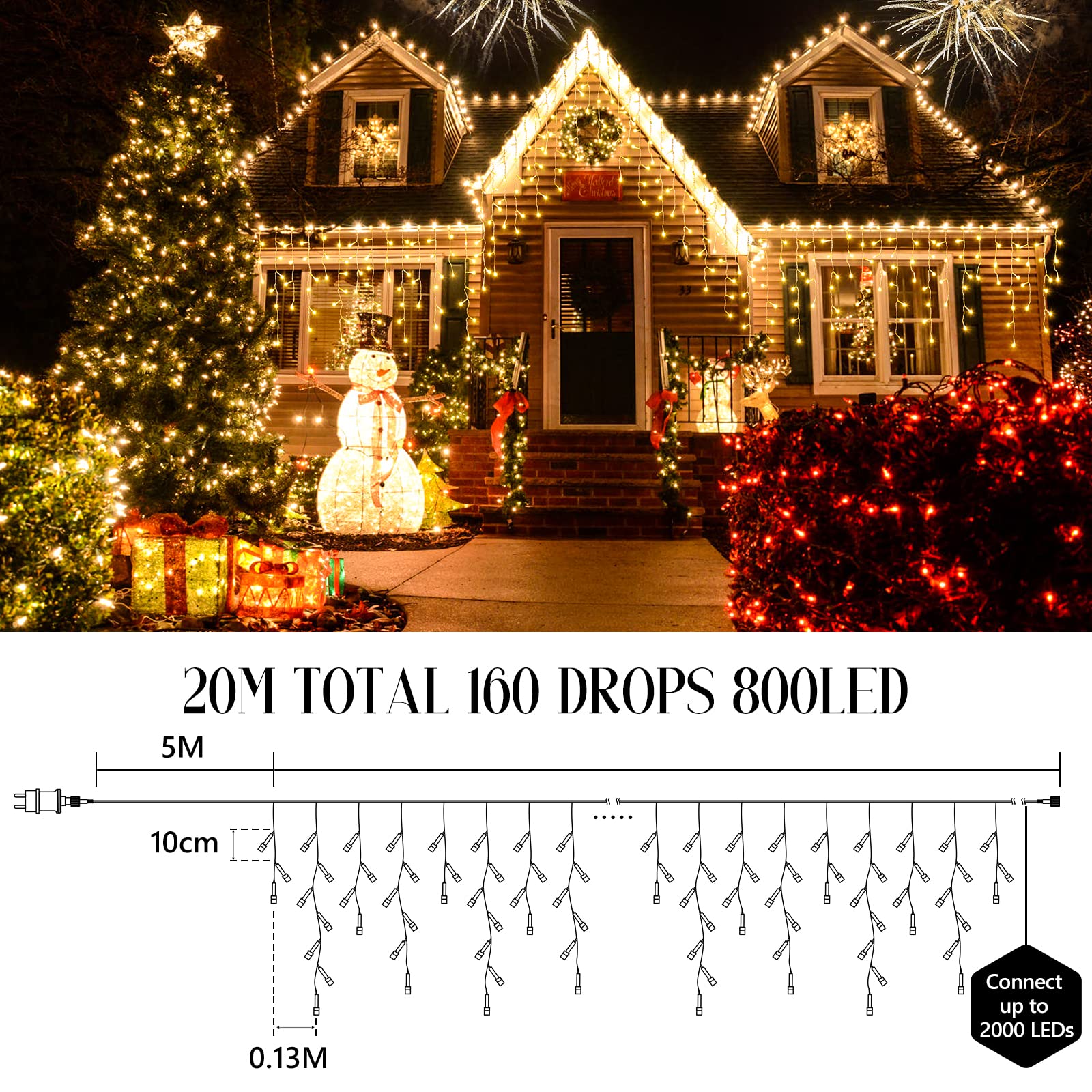 800 LED Eisregen Lichterkette Außen, 20M Erweiterbare Lichterkette Vorhang Fenster mit Timer Innen Strombetrieben 8 Modi IP44 Warmweiß Eiszapfen Lichtervorhang für Traufe Garten Balkon