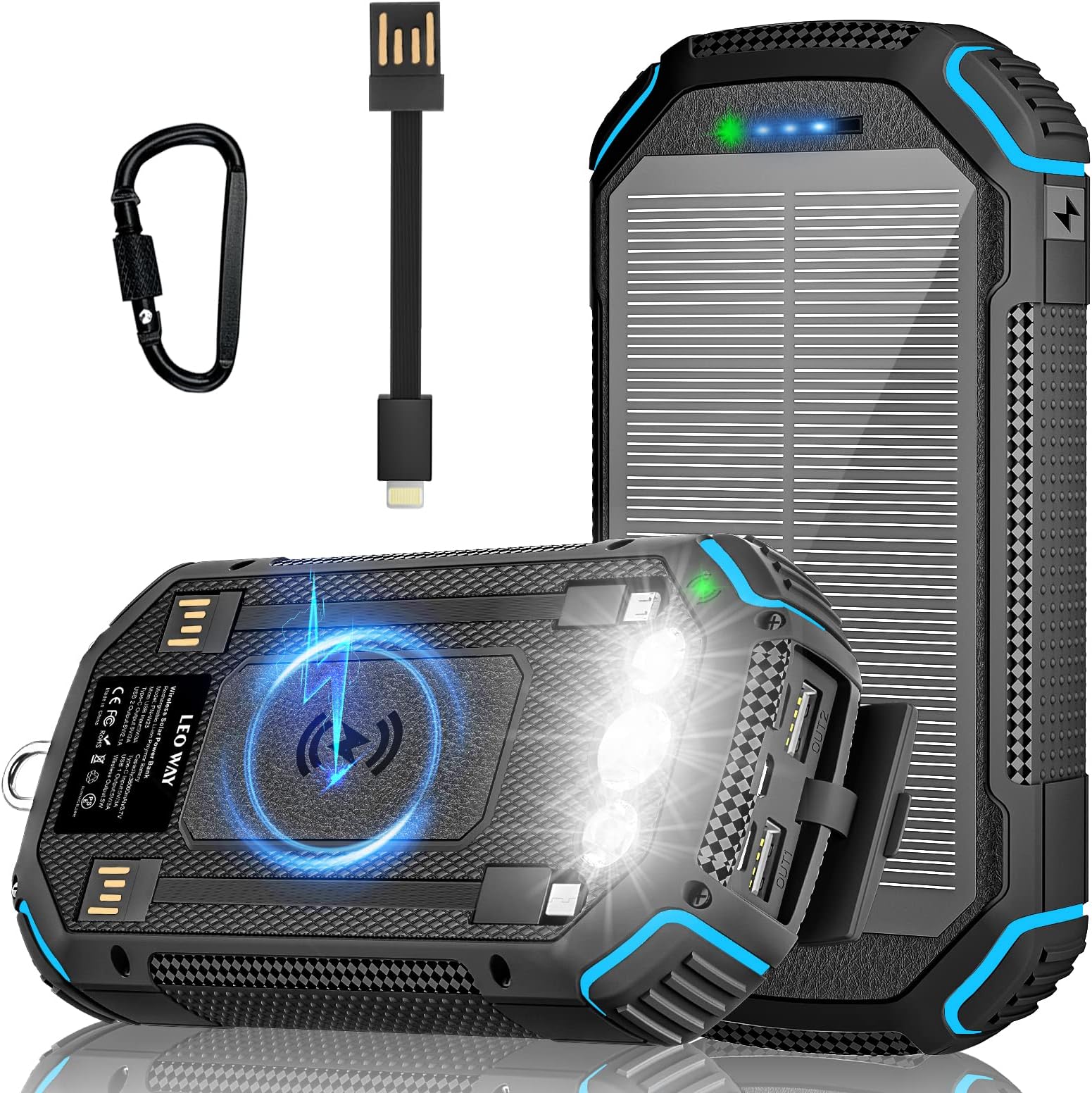 LEO WAY Solar Power Bank 36000mAh with 3 Cables, Solar Charger Wireless Charging, Portable Power Bank 4 Output 3 Input 15W Fast Charging with LED Flashlight, Outdoor External Battery for Phone Laptop