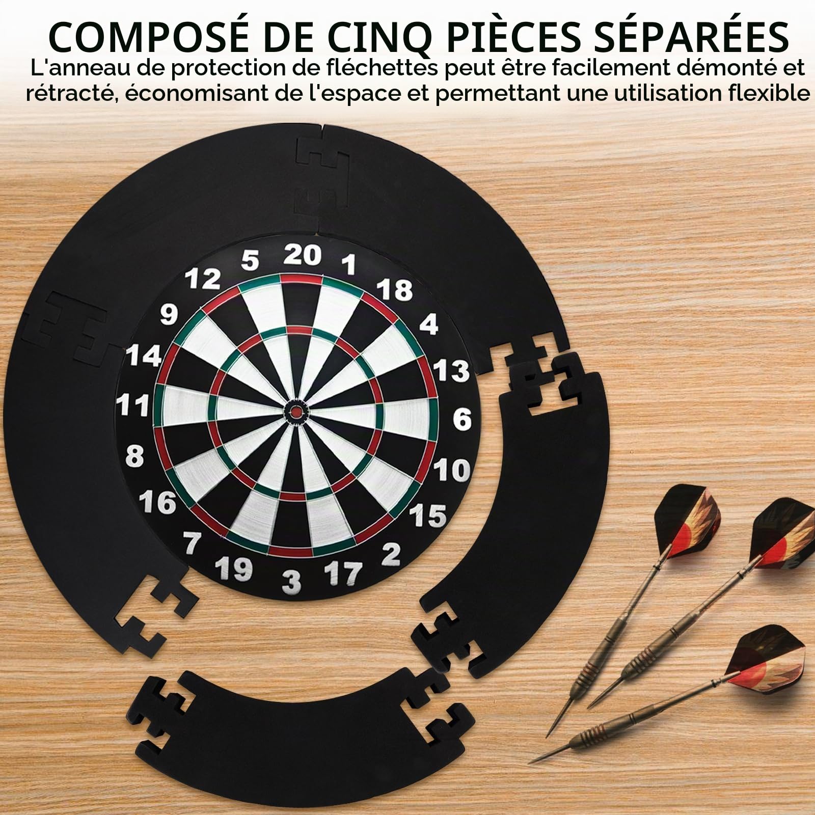 Lot de 5 anneaux de protection pour cible de fléchettes : surround, cadre de cible de fléchettes, pour le garage, protection murale, 44 x 13 x 3 cm – Noir