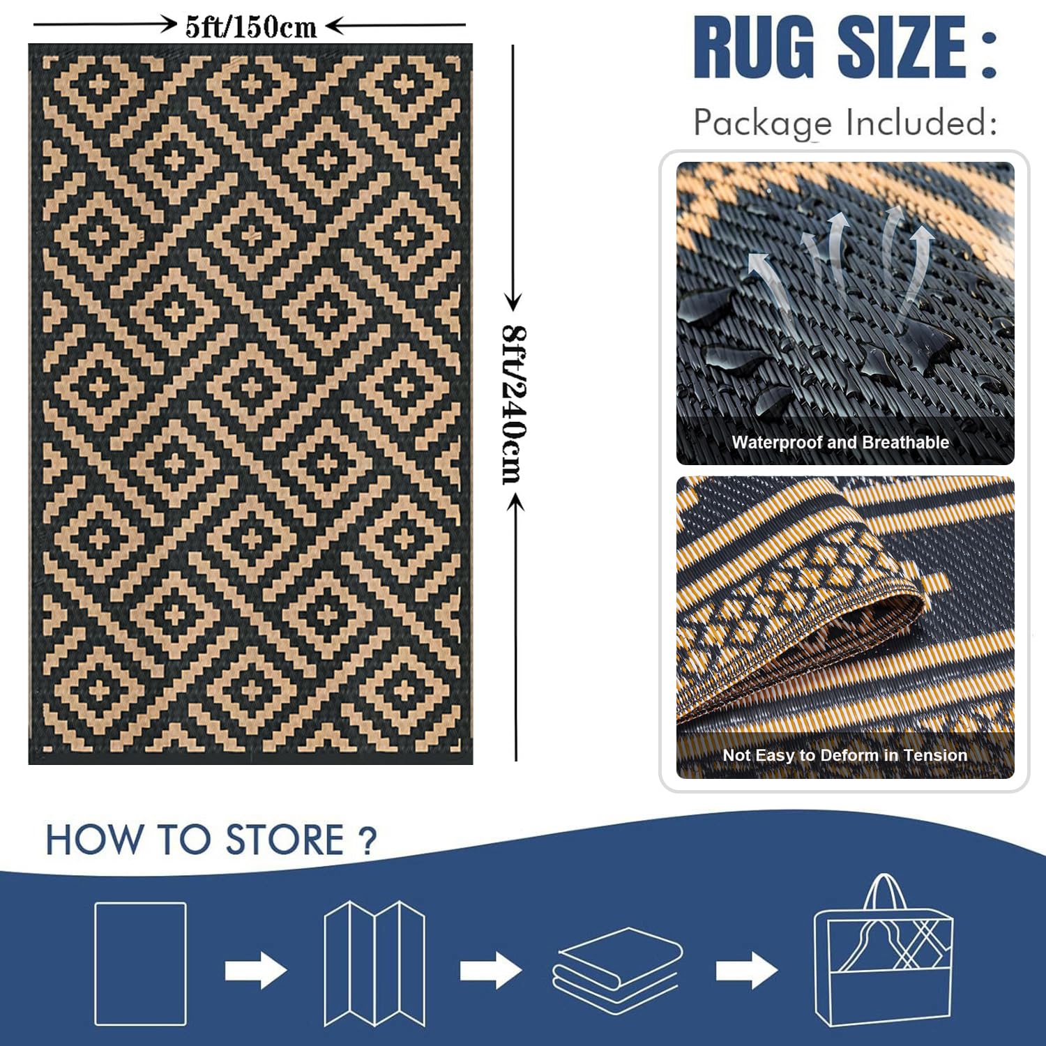 Dwustronna Mata na Zewnątrz 150x240 BrąZowo-Czarny Dywanik na Taras, Składane Dywaniki Kempingowe, Odwrócony Wodoodporny Dywanik z Plastikowej Słomy na Patio, Ogród, Balkon, Podwórz