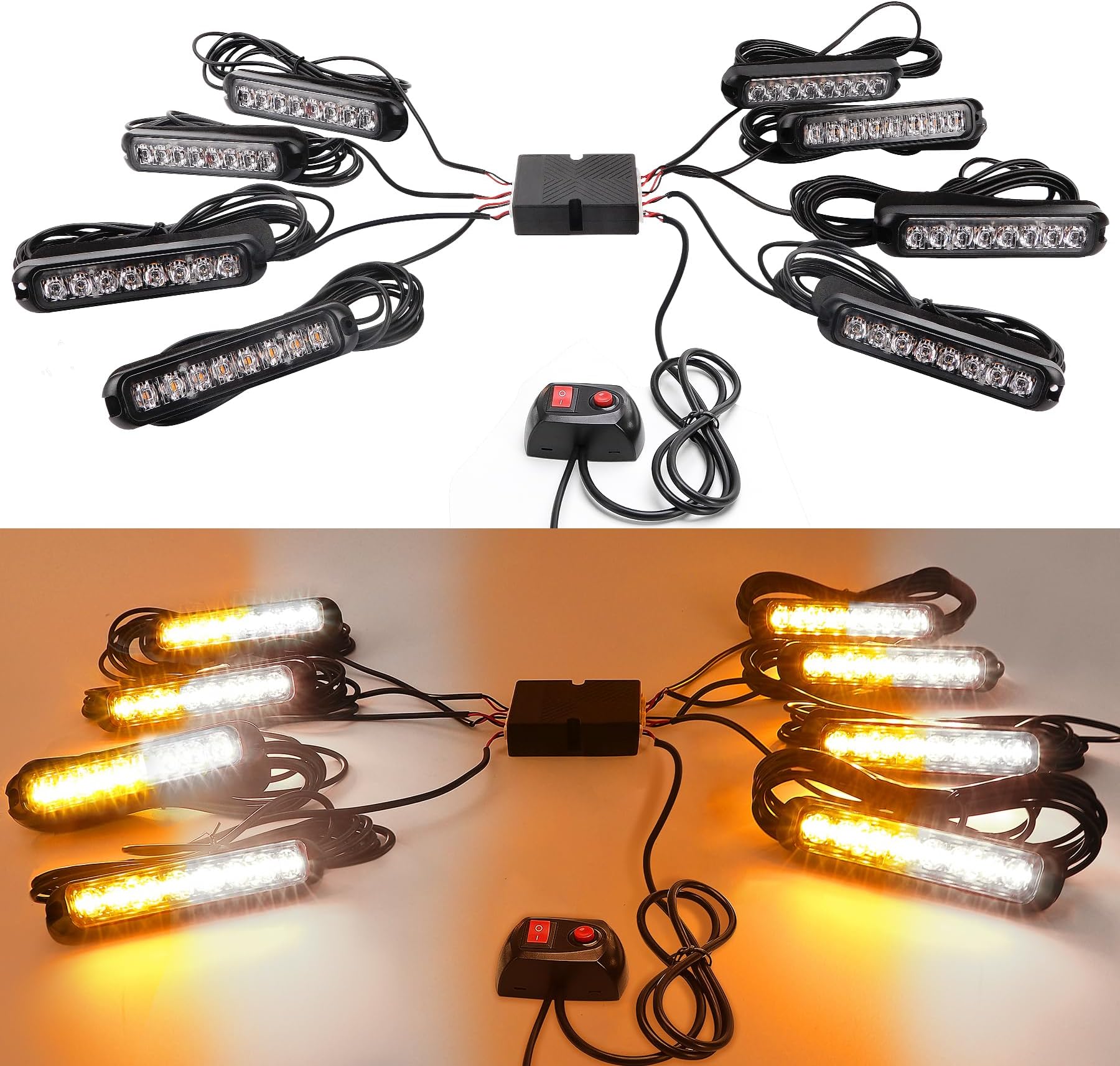 8x8LEDs Car Strobe Flash Lights Hazard Warning Beacon Emergency Flashing Lights14 Modes with Main Control Box Universal for 12V 24V Car Vehicle Truck Trailer Caravan Camper Van (Amber/White)