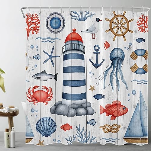 LB Nautical Theme Shower Curtain for Bathroom,Funny Marine Life and Lighthouse Sailboat on Grey Fabric Shower Curtain with Hooks,Country Vintage