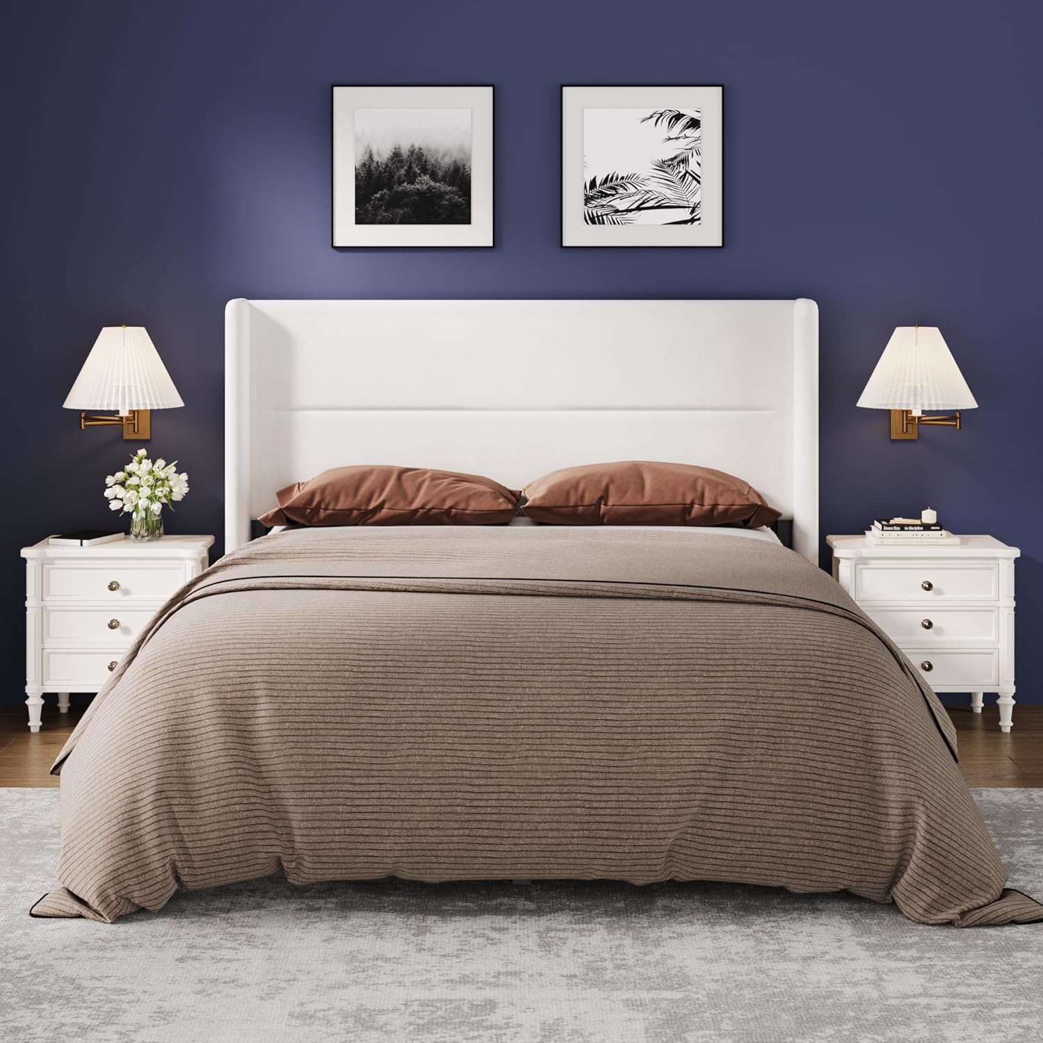 Queen Size Bed Frame with Wingback Headboard, Velvet Upholstered Platform Bedframe with Wood Slats, No Box Spring Needed, Easy Assembly, White