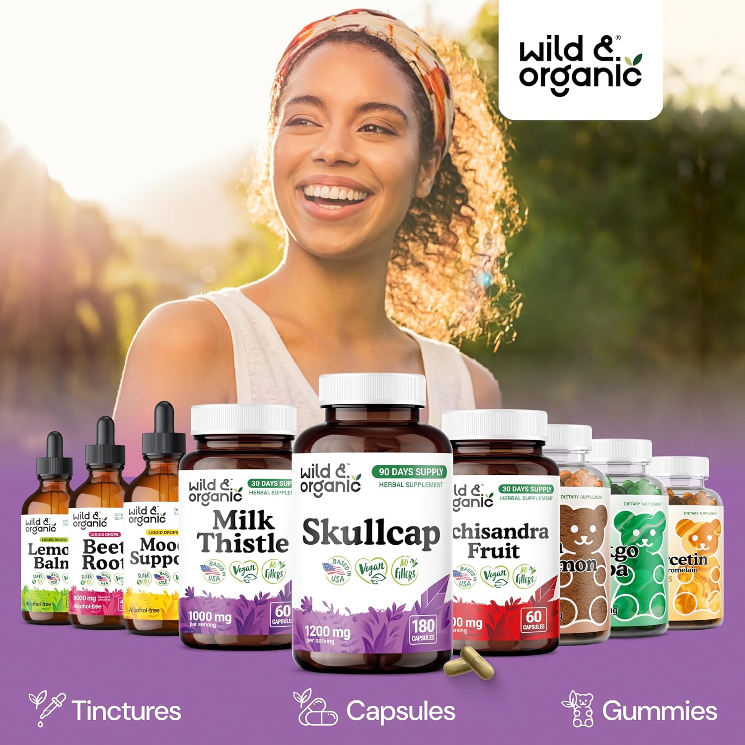 Wild & Organic Skullcap Herb Capsules 1200 mg - Calming Skullcap Supplement - 180 Capsules - Scutellaria Lateriflora Leaf Extract - 3-Month Supply - Vegan, No Fillers, Non-GMO