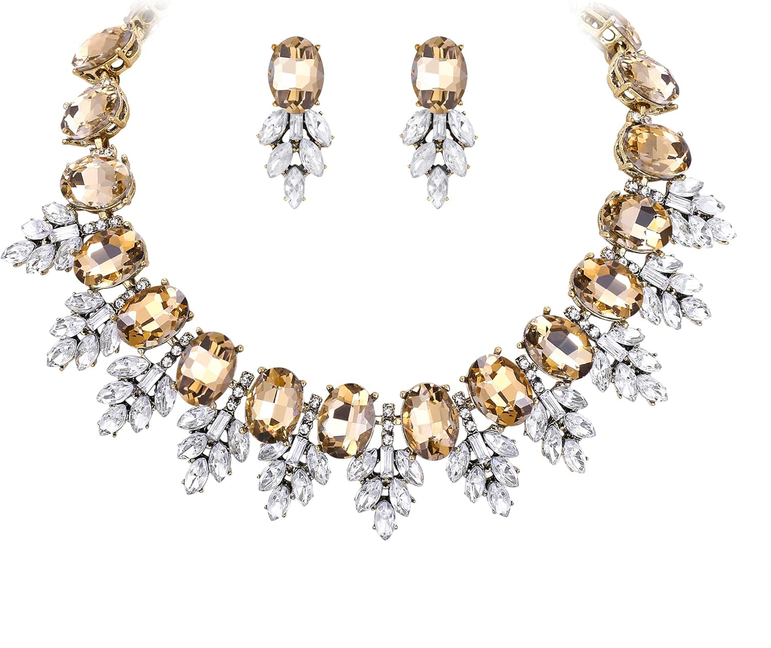 EVER FAITH Costume Crystal Marquise Statement Jewelry Set, Vintage Oval Rhinestone Choker Pendant Necklace Earrings Set for Women