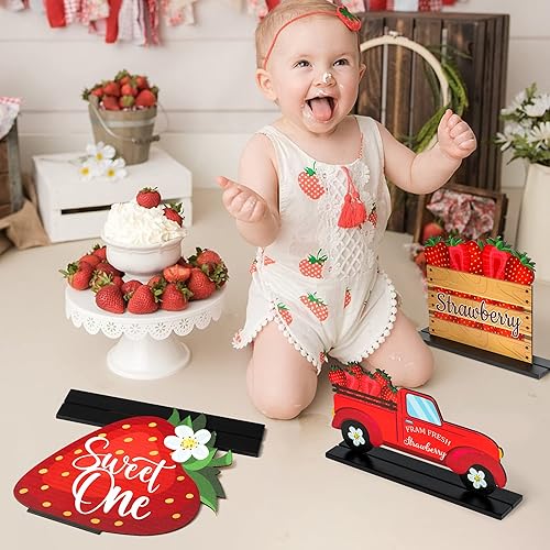 Miniatura 6 de CNhoqc 3 piezas de decoración de mesa de madera con temática de fresa letrero para decoración de mesa de feliz cumpleaños para niñas suministros de