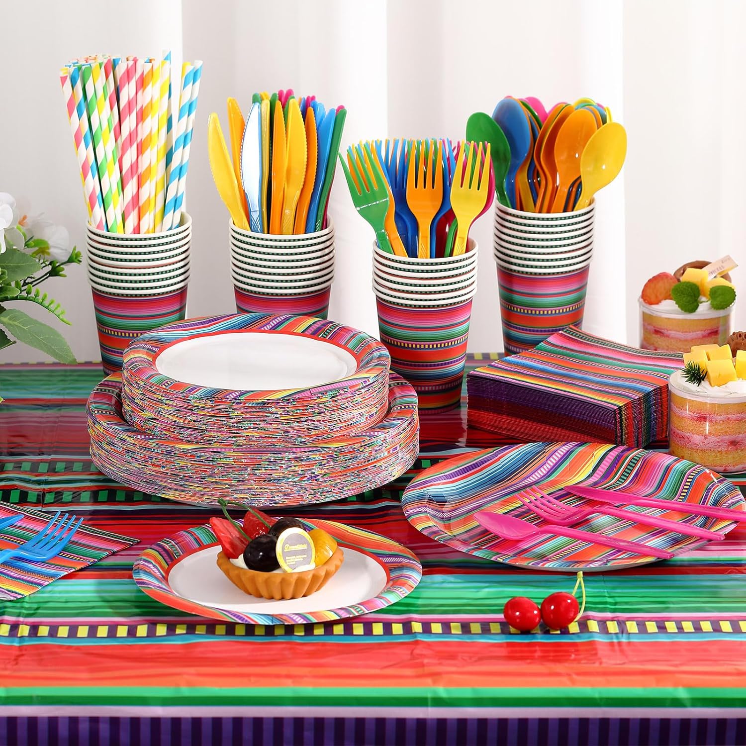 Funnymoom 452 Pcs Cinco De Mayo Party Decoration for 50 Guest, Mexican Serape Paper Plates Napkins Cups Tablecloth Cutlery Straws Fiesta Disposable Tableware Set for Mexico Birthday Party Supplies