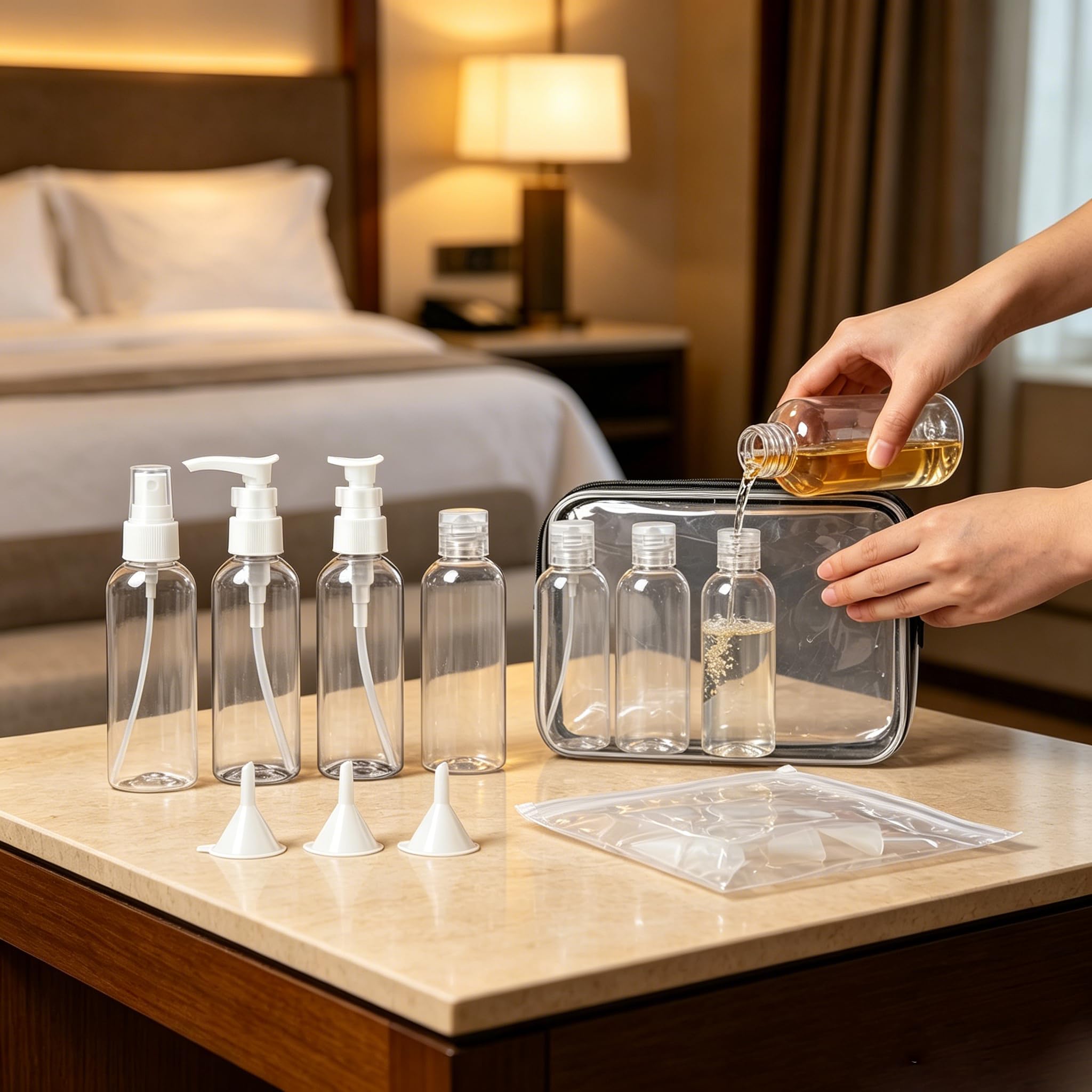 5 Piezas Juego de Neceser de Viaje Transparente, botes viaje rellenables 100ml con bolsa de aseo para líquidos, antifugas, color negro con 3 embudos