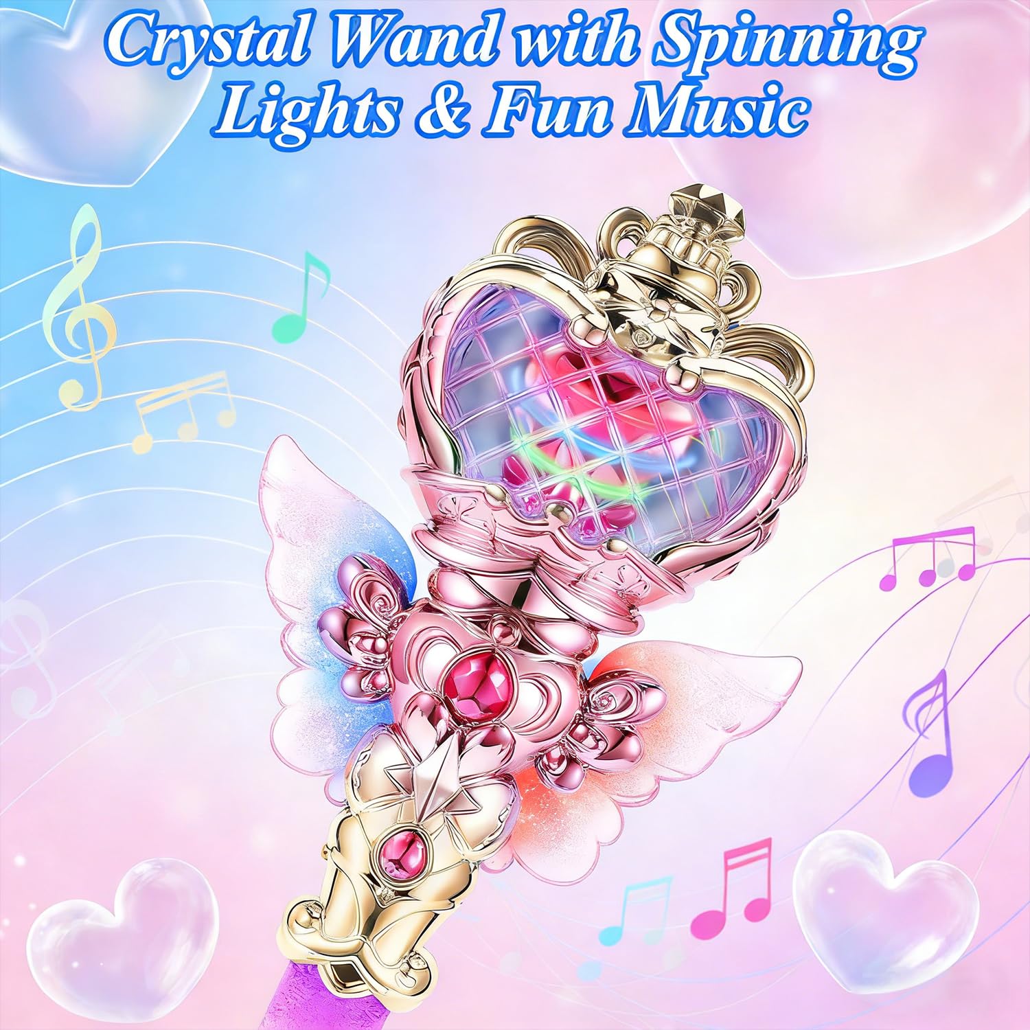 PATPAT® Light-Up Princess Magic Wand with Music, USB Rechargeable LED Fairy Magic Stick with Heart Crown & Angel Wings, Fantasy Role-Play Magical Stick Costume Party, Cosplay, Pretend Play & Gifting 2