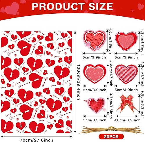 Miniatura 2 de Geyee 80 bolsas grandes de celofán transparente para el día de San Valentín, cestas de tarjetas de corazón rojo, bolsas de envoltura con lazos de