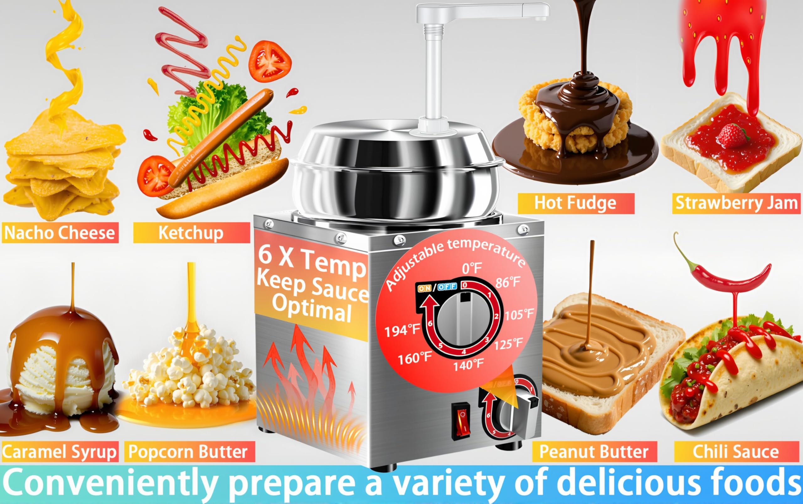 Dispensador de queso Nacho, calentador de queso nacho de 7.4 cuartos con bomba, calentador de caramelo caliente de acero inoxidable con ajuste de temperatura de 6 niveles, dispensador de salsa