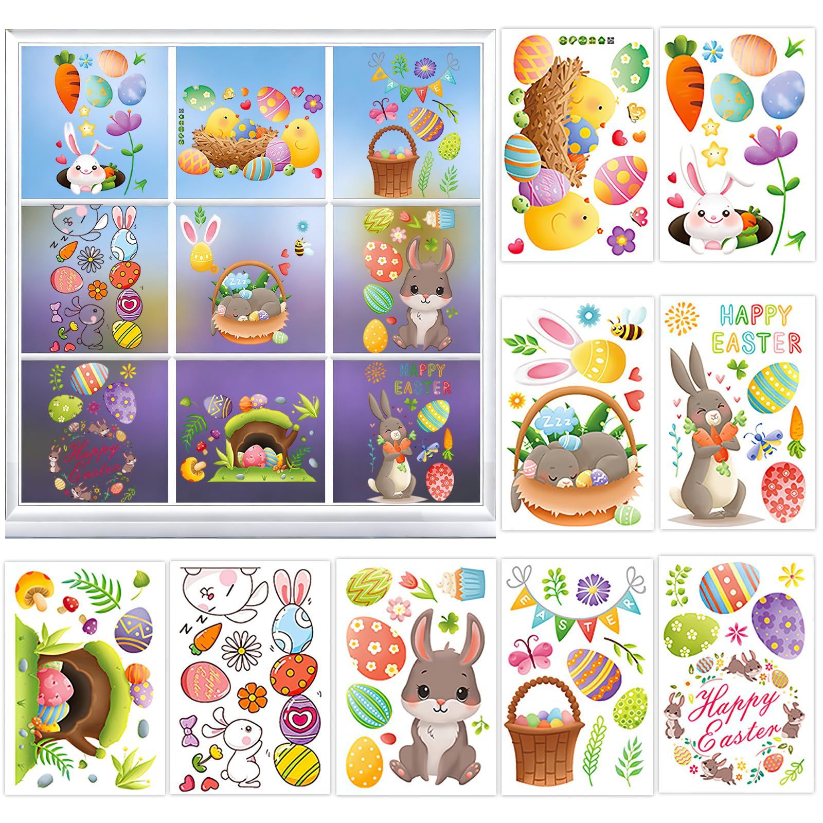 9 Sheets Double Sided Easter Window Decorations, Easter Window Cling Stickers, Reusable Windows Clings for Kids Decorations, Windows Decoration for Home, Office & Shop