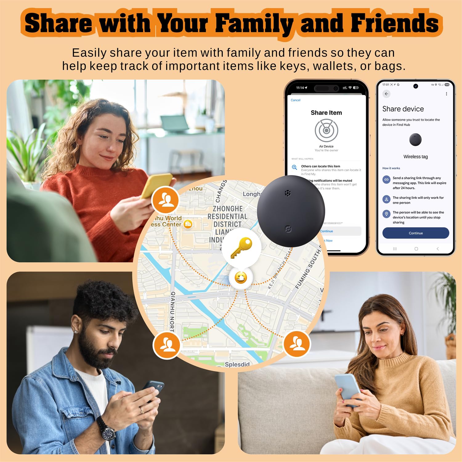 Reyke Tracker Tag, Compatible avec Apple Localiser et Google Find Hub | Tracker pour Android et iOS, un réseau à la fois, jusqu’à 100 dB, IP66, lot de 4, pour clés, sacs, valises et bagages