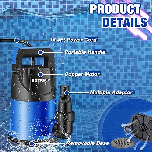 Miniatura 3 de Bomba de sumidero 1HP Bomba de agua sumergible limpiasucia, bomba eléctrica termoplástica portátil de 3900 GPH de baja succión para piscina, jardín,