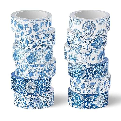 Whaline 12 rollos de cinta washi floral azul chinoiserie flor washi cinta vintage de enmascaramiento decorativo de regalo cinta de papel de