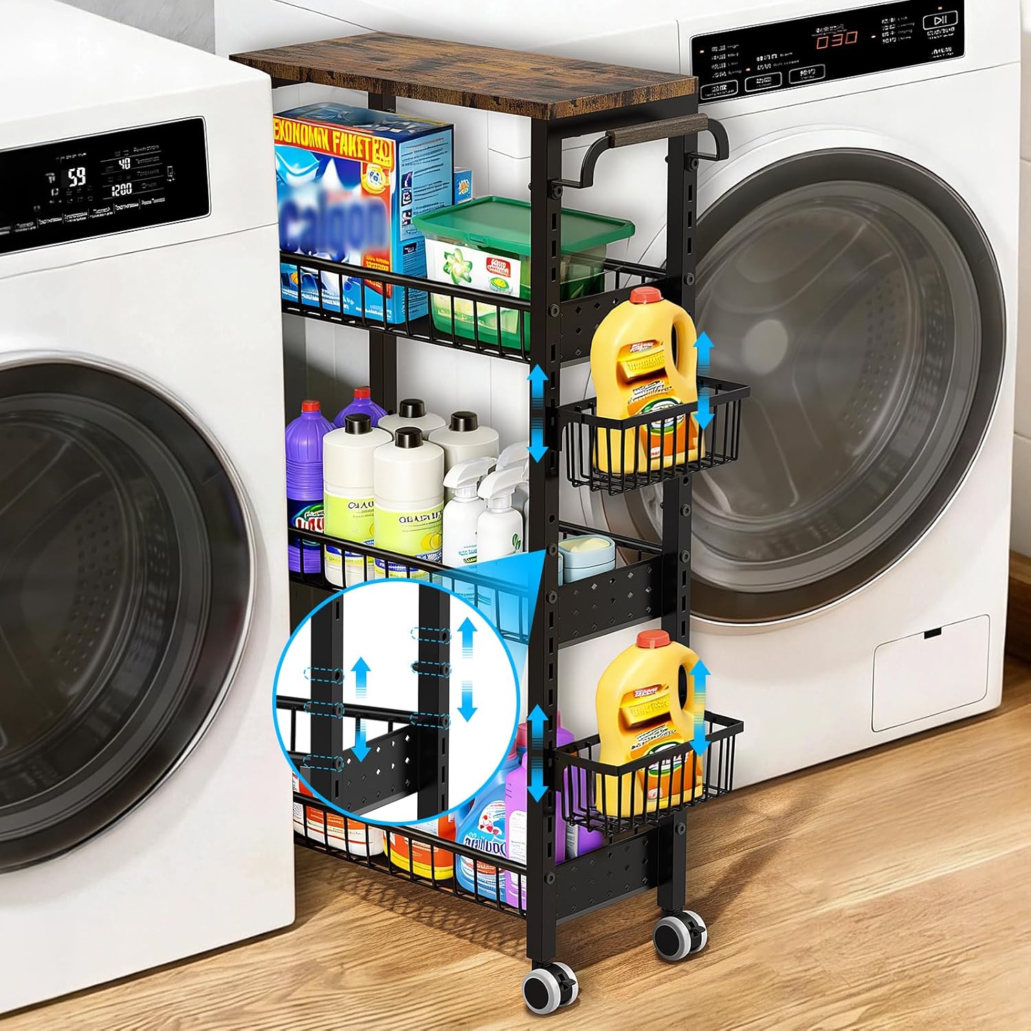 7.8 Inch Ultra-Slim 4-Tier Rolling Storage Cart with Adjustable Shelves - Lockable Wheels & Wooden Top for Narrow Spaces Between Washer/Dryer, Bathroom, Kitchen Organization (White)