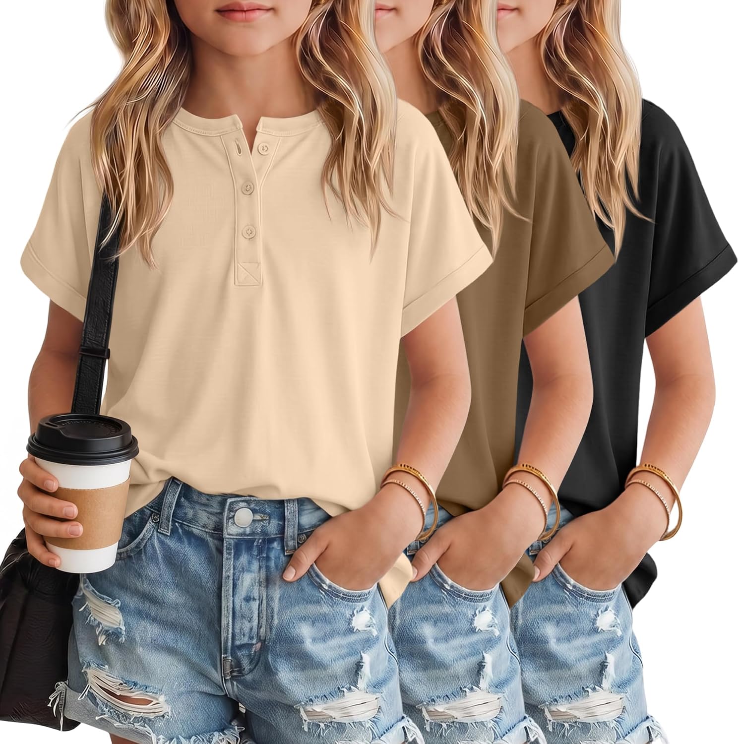 3 Pack Girl's T Shirts Summer Short Sleeve Tops Henley Round Neck Cute Shirts Loose Fit Kids Casual Basic Tees