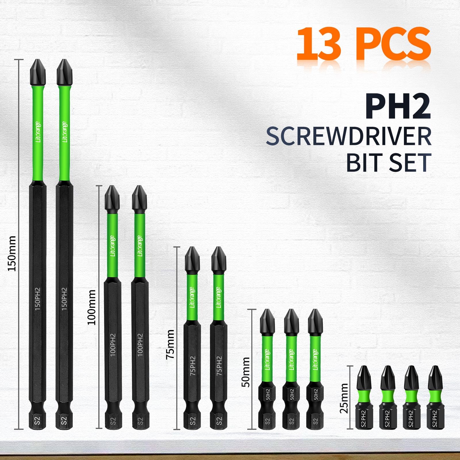 Litorange 13Pcs PH2 Magnetic Impact Driver Bits, Heavy Duty Screwdriver Bit Set 150mm 100mm 75mm 50mm 25mm - Image 2