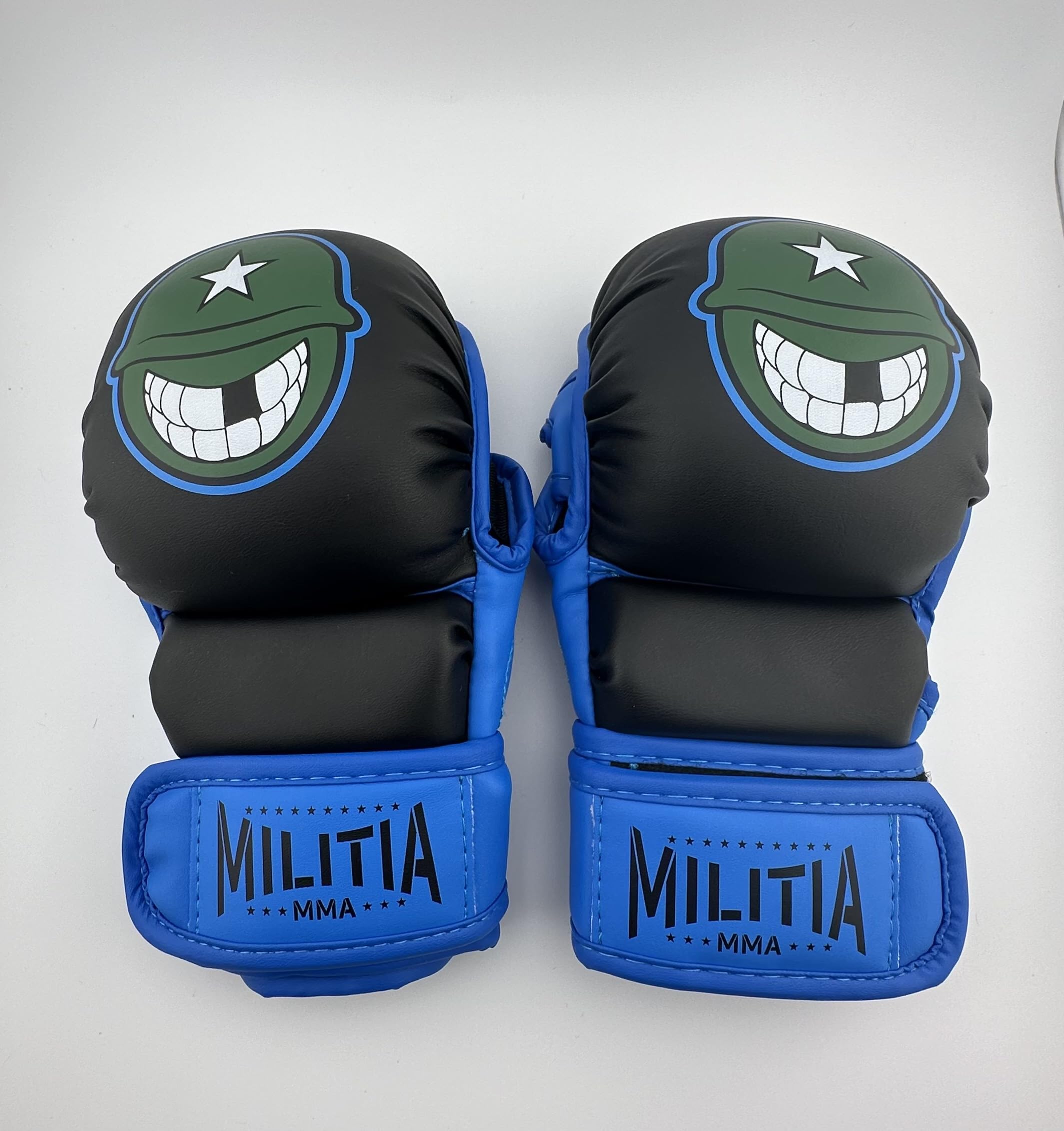 Militia MMA Milita MMA - 7oz MMA Sparring and Training Gloves, Open Palm, Men & Women & Children, Kickboxing, Boxing Mauy Thai, Hybrid MMA Grappling, Padded Fingerless Gloves (Blue and Black, L)