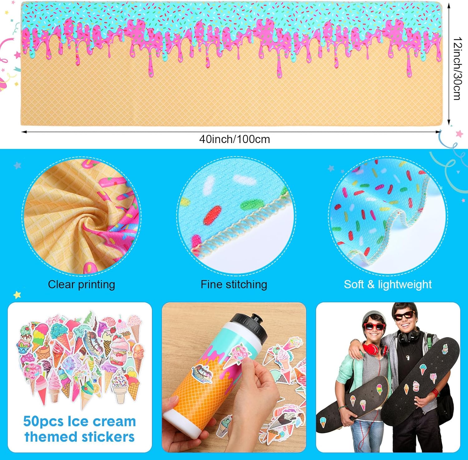 74 Piece Baseball Ice Cream Drip Party Favors Include 12 Pcs 20 oz Plastic Ice Cream Drip Water Bottles Bulk 12 Pcs 40"x12" Baseball Cooling Towels and 50 DIY Stickers for Sport Team Gift