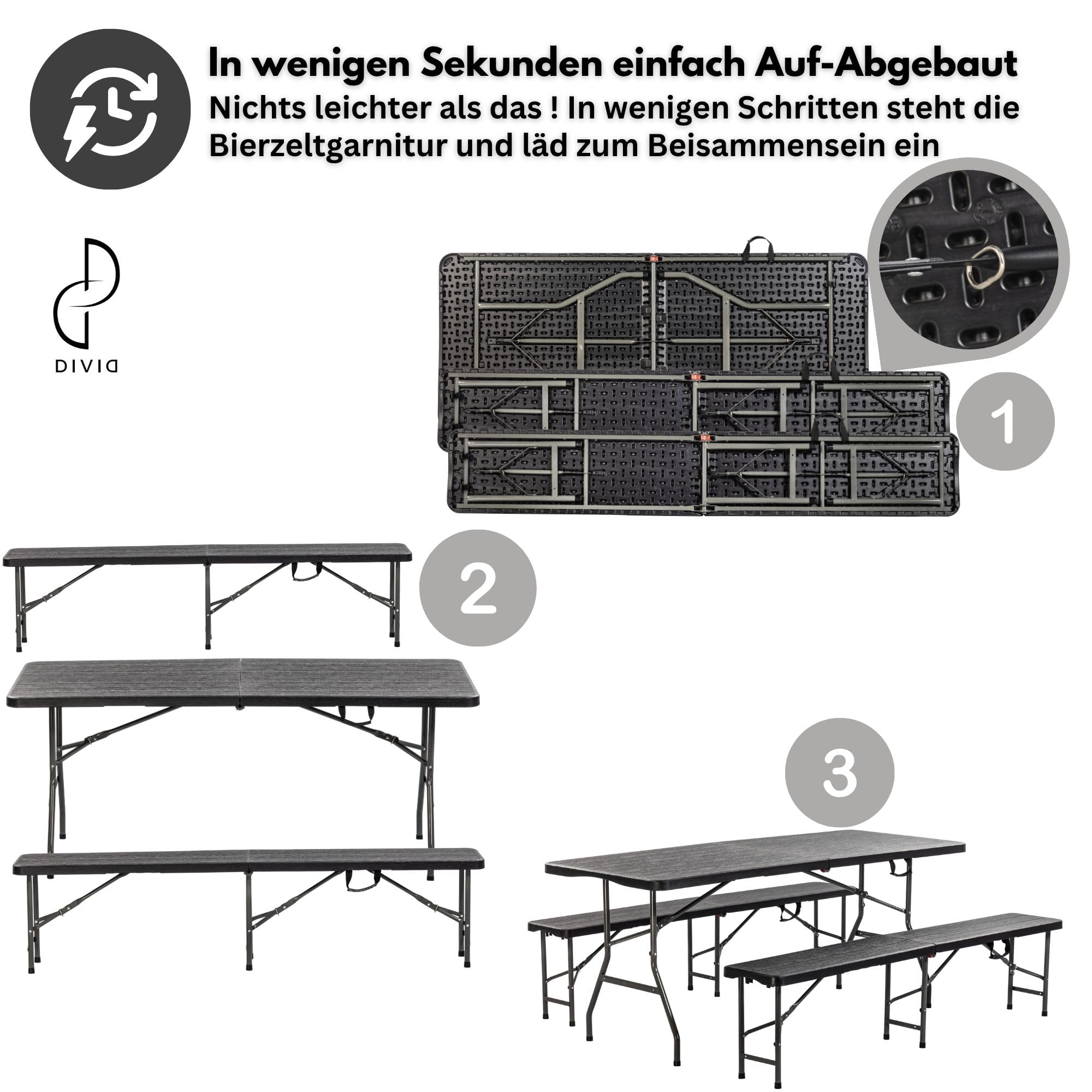DIVID® Bierzeltgarnitur 3-teilges Set|Tisch + 2 Bänke|Für drinnen und draußen|klappbar mit Tragegriffe|HxBxT: 73x180x75cm|Gartentisch (DIV-200/WOOD Set)