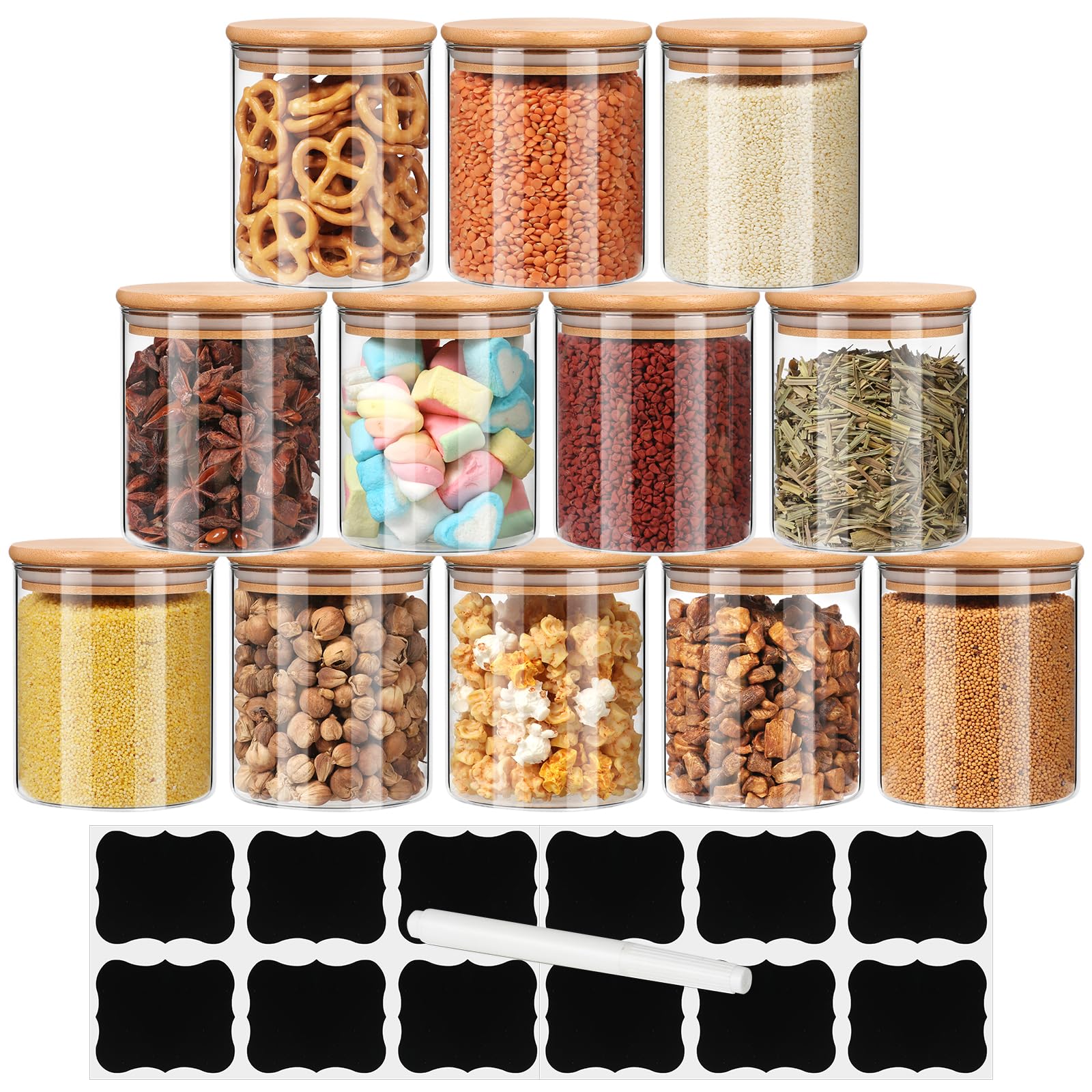 EkkoVla 12 oz Glass Food Storage Jar with Bamboo Lid, 12 Pack Borosilicate Glass Airtight Kitchen Storage Containers Sets, Clear Kitchen Canister for Coffee Bean, Nuts, Candy, Cookie, Spices, Tea
