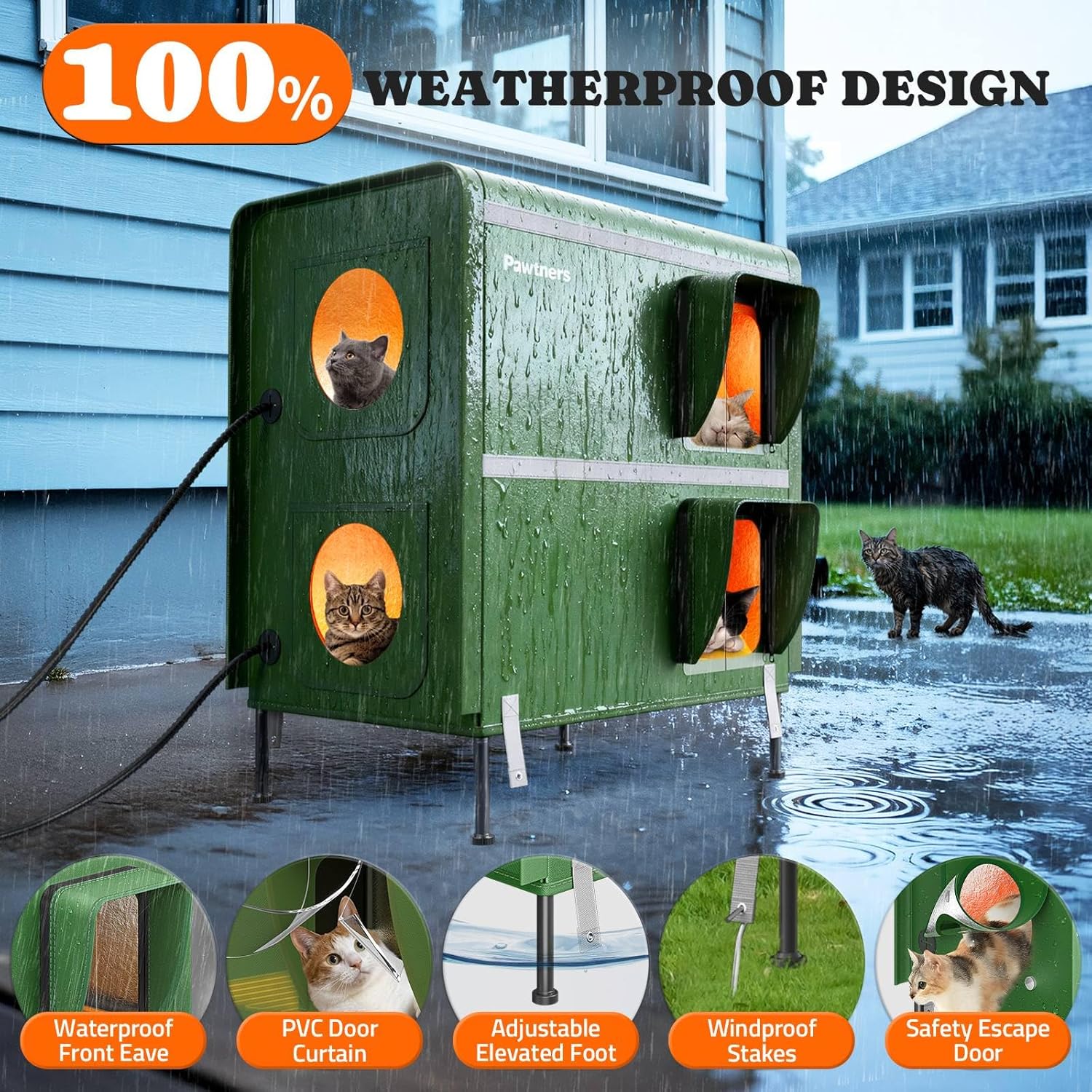 pawtners heated outdoor cat house for outside cats, 26'' xxl 2-story insulated weatherproof cat shelter with heated pad, elevated feet & escape door, warm kitty house for feral or stray cats in winter xxl-26" green