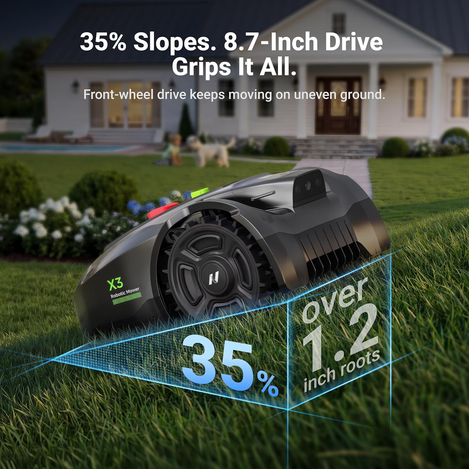 NovorikX X3 Robot Lawn Mower with RTK+Dual AI Vision,Wire-Free 1/4 Acre Robotic Lawnmower,Zero-Edge Cutting,APP Control,Cutting Height 0.98"-2.36", 35% Slope,Flexibly Adapts to Various Types of Lawns