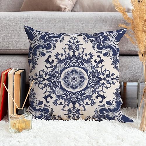 Miniatura 4 de ArogGeld Funda de almohada de damasco azul índigo con azul marino para sofá, diseño de flores azules turcas estilo morisco, funda de cojín