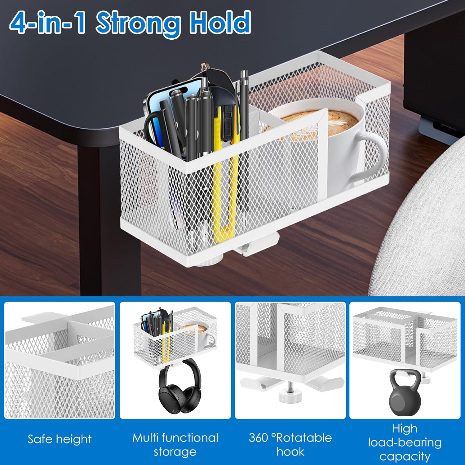 4 in 1 Clip on Cup Holder, Gaming Desk Cup Holder, Table Headphone Holder and Pen Cup Holder, Pen Holder Clamp Desk Organizer, Desk Storage for Cup, Phone and Pen (White)