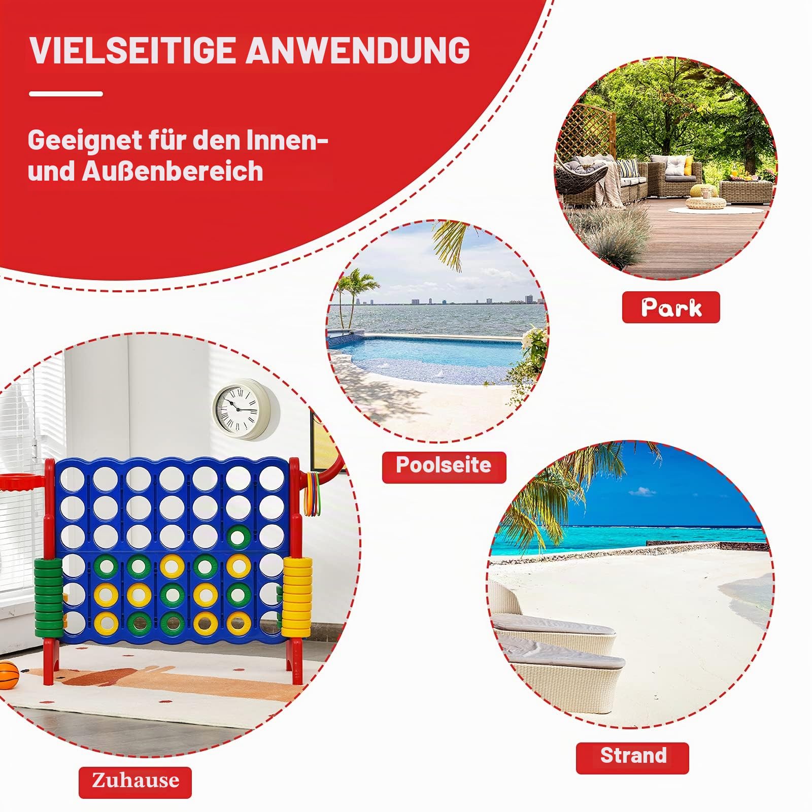 Riesiges 4 Gewinnt Spielset mit Wurfspiel und Basketballkorb, inkl. 42 Jumbo Ringen und Schieberegler zum schnellen Neustart, Vier in Einer Reihe Spiel groß (Blau + Rot)