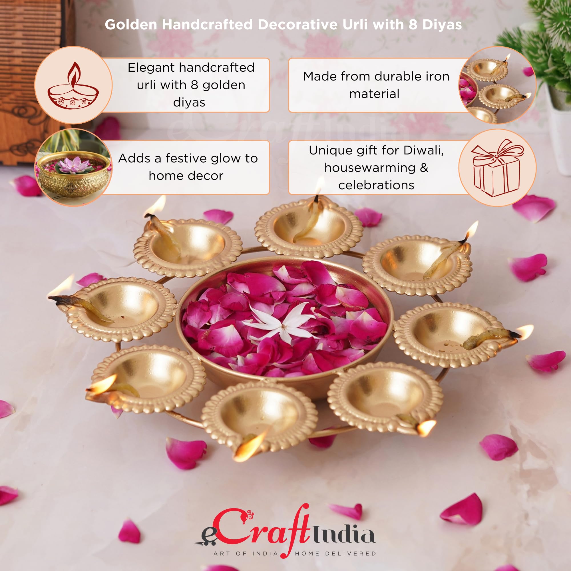 eCraftIndia Golden Metal Handcrafted Decorative Urli with 8 Diyas | Urli Bowl for Home Decor | Urli for Floating Flowers | Diwali Decoration Items for Home Decor | Housewarming Diwali Gift 3