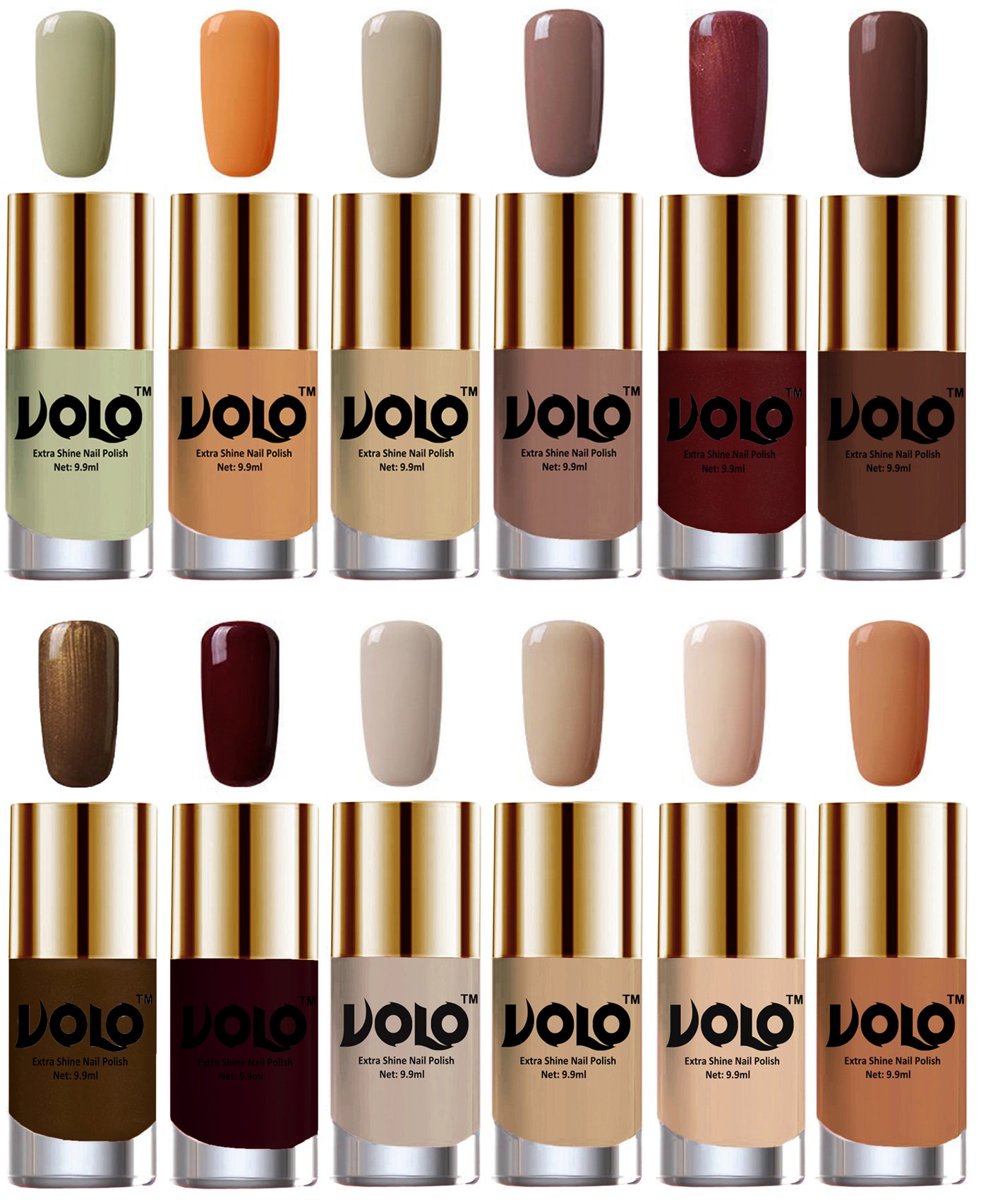 Volo Luxury Super Shine Nail Polish Set of 12 Vibrant Shades (Mischievous Mint, Flirty Nude, Nude, Dark Nude, Metallic Maroon, Chocolate Brown, Brown Coffee, Maroon, Nude Tude)