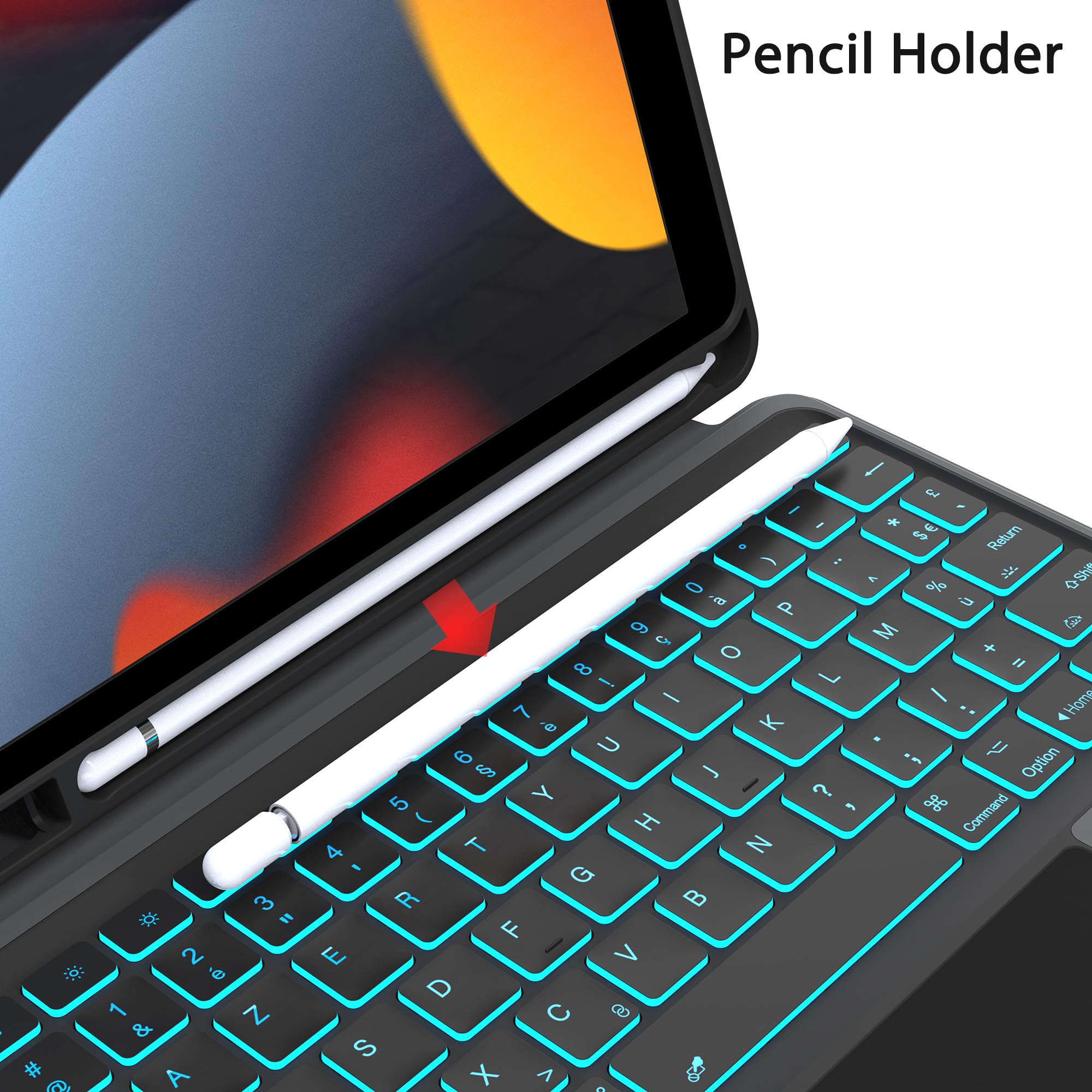 VANKEYPAD Coque clavier pour iPad 9e 2021/8e 2020/7ème 2019 Génération 10.2"/Air 3/iPad Pro 10.5 : Boîtier de clavier amovible rétroéclairé 7 couleurs - AZERTY Clavier à pavé tactile avec Pot à stylos