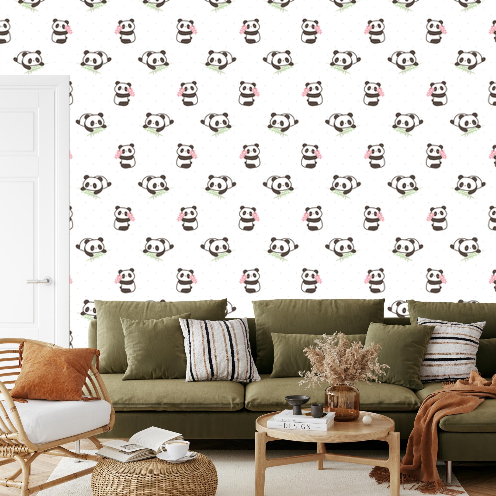 Vliestapete Pandas mit Blumen 50 x 1000 cm | Florale Pflanzenkomposition; Eleganter Naturakzent; Harmonische Raumbegrünung; Kleister im Set