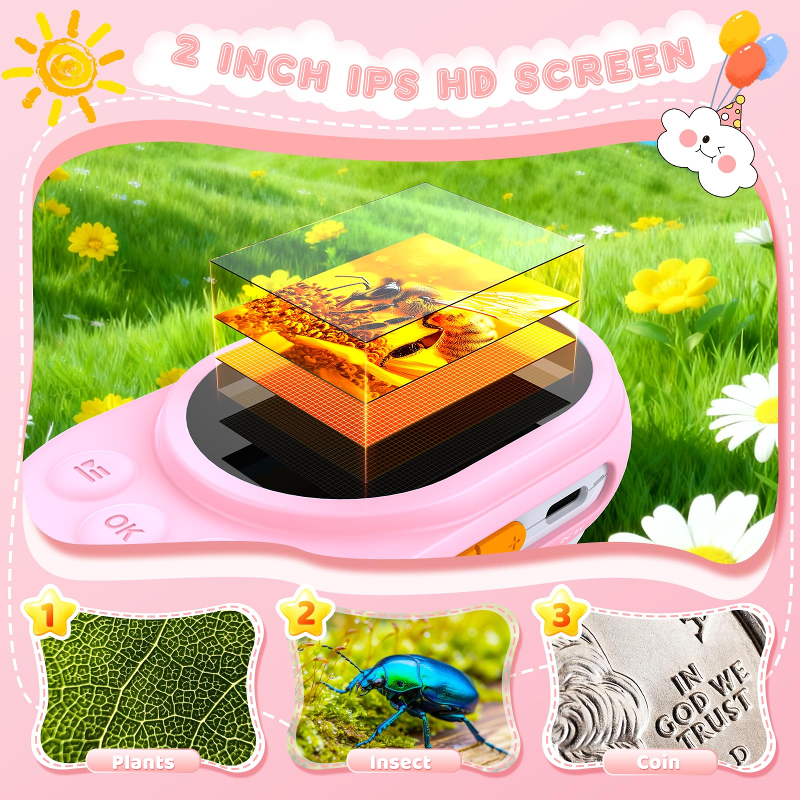 Microscope for Kids, Digital Magnifying Glass Kids with 2.0" HD Screen, Portable Handheld Camera Miniscope with Light - Image 2
