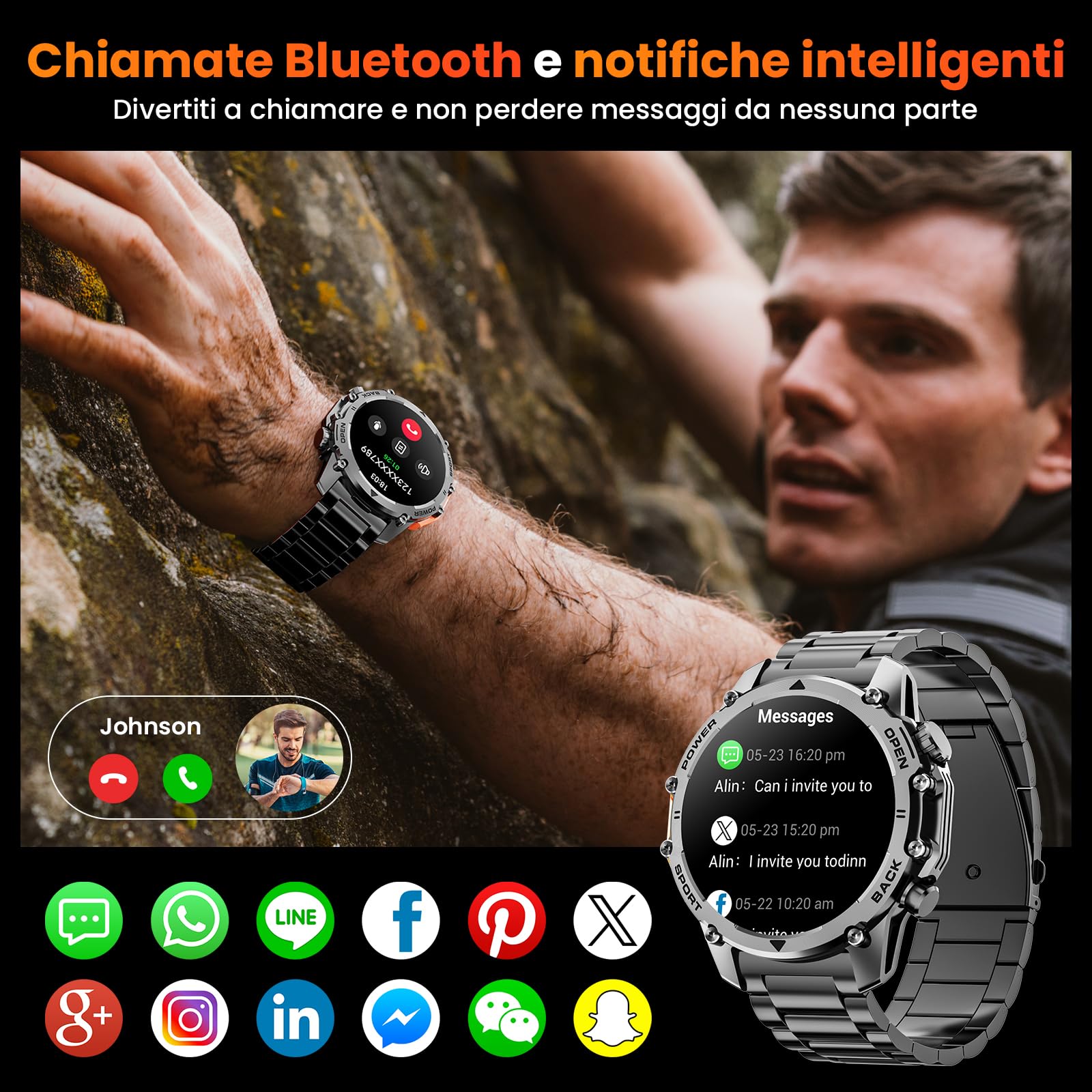 Hwagol Smartwatch dla Mężczyzn 1,52" HD Ekran, 500 mAh Bateria i 114+ Trybów Sportowych, Smartwatch Militarny z Częstotliwością tętna/SpO2/Monitorem Snu i Latarka dla Android iOS
