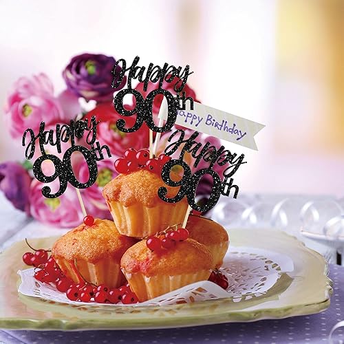 Miniatura 4 de Gyufise 24 adornos para cupcakes con purpurina número 90, noventa y noventa a 90, para decoración de 90 cumpleaños, bodas, aniversarios, fiestas,