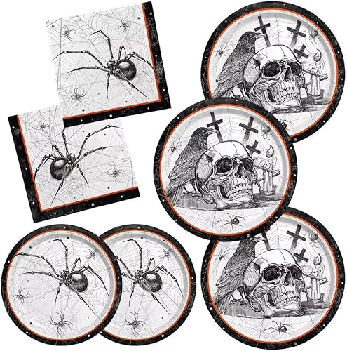 Miniatura 1 de Gatherfun Suministros para fiesta de Halloween con temática de calavera y araña, platos de papel y servilletas de tela malvada todo incluido. Ideal