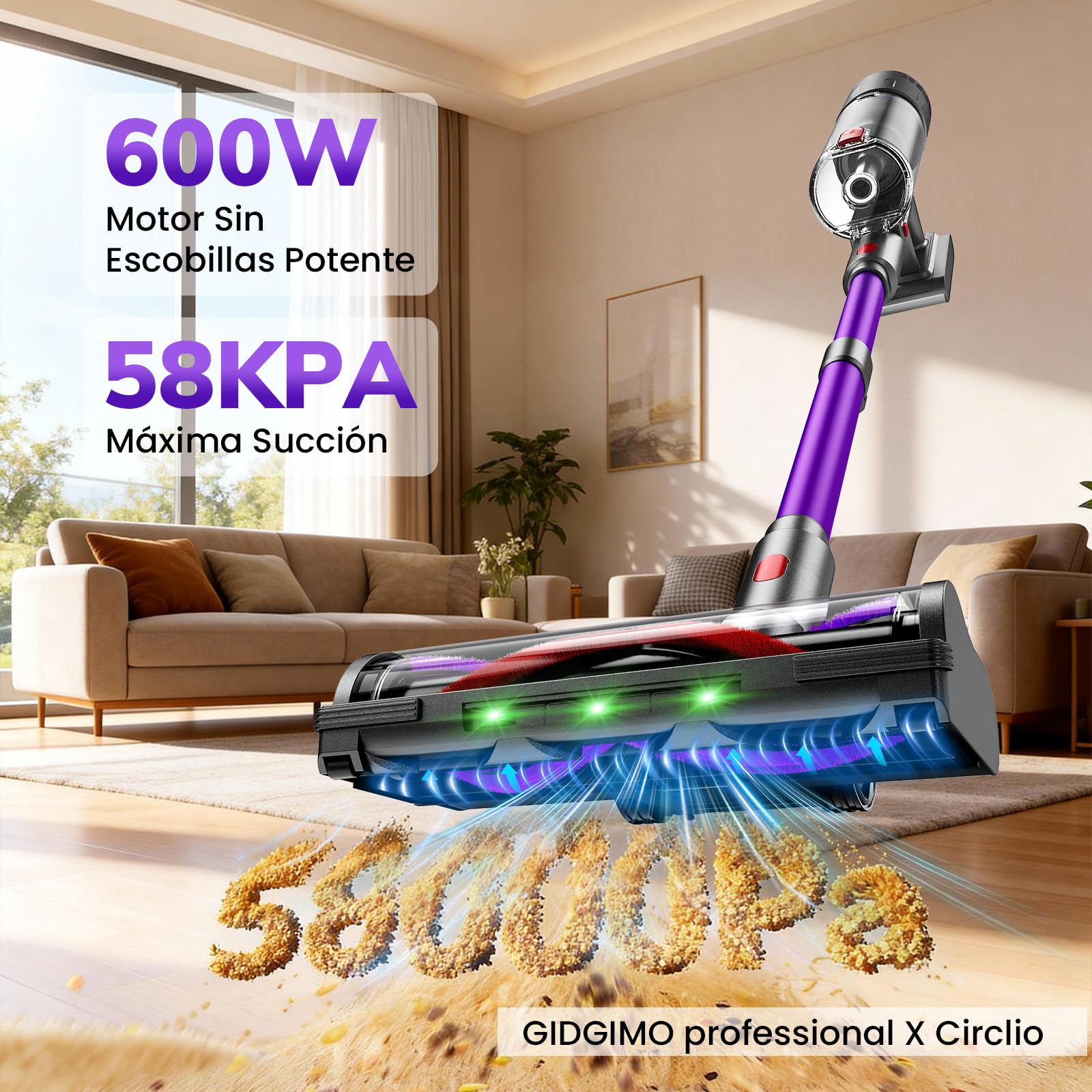 GIDGIMO professional X Circlio Aspiradora Sin Cable 58000Pa/600W/75Min, Escoba Aspiradora sin Cable de 1.6L, Pantalla LED Inteligente, Aspirador Antienredo para Suelos, Alfombras y Pelo de Mascotas